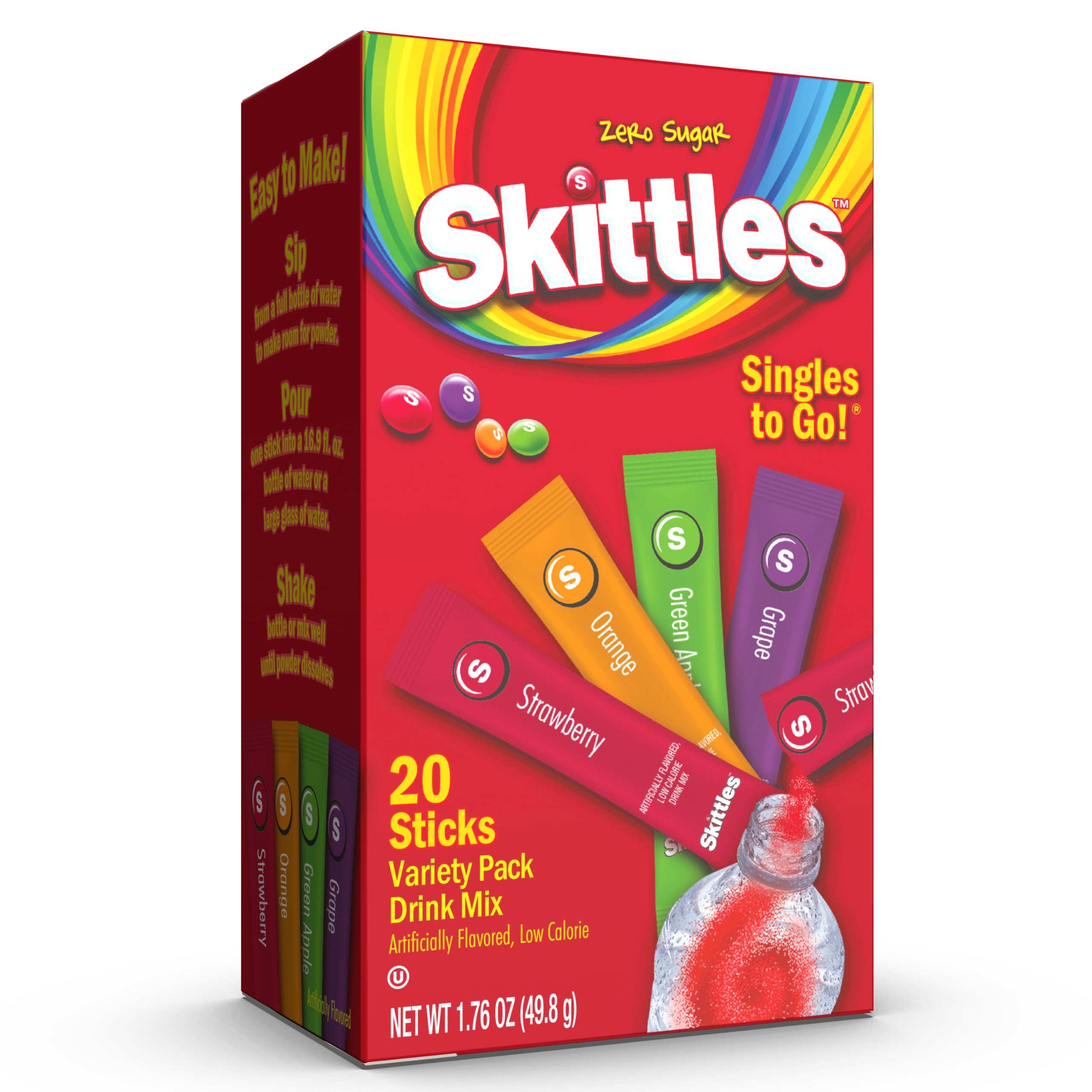 Skittles Singles To Go Variety Pack, Watertok Powdered Drink Mix, Zero Sugar, Low Calorie, Includes 4 Flavors, 1 Box (20 Single Servings) (Fruity)