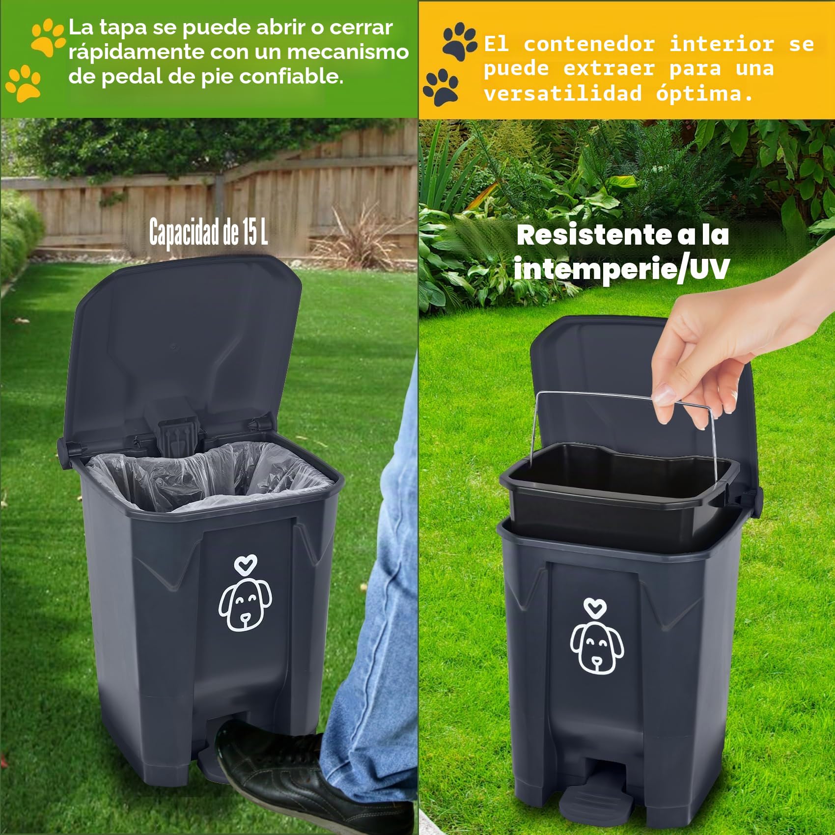 Cubo de basura para excrementos de perro con tapa y 290 bolsas de basura, bonito cubo de basura para perros para caca de perro, patio, hogar, jardín, cocina, escalón gris de 15 litros con cubo