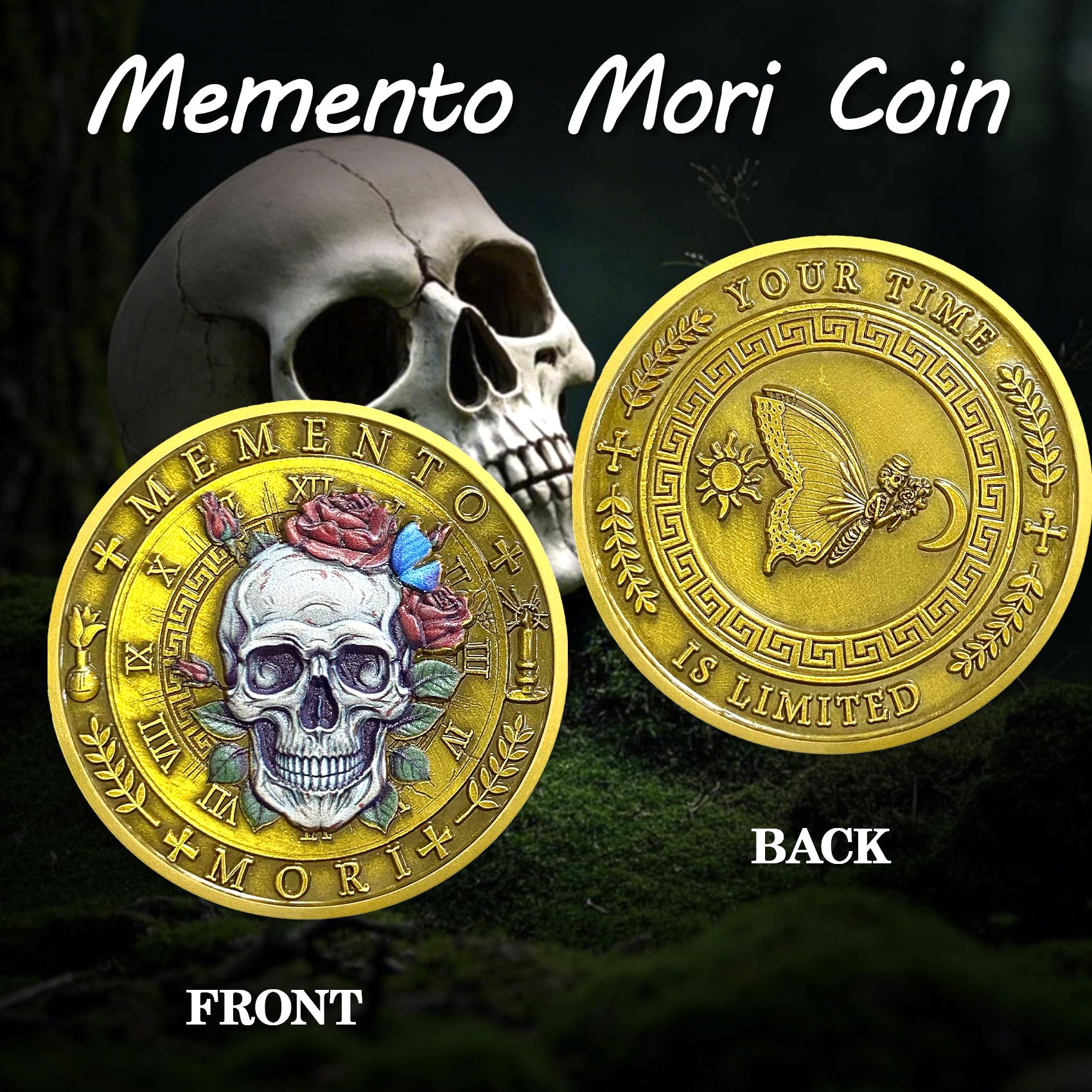 ACGZQY Memento Mori Coin - Roses Skull Memento Vivere Coin Stoic Reminder Sobriety Token DEC Cool Recovery Medallion Gifts - Image 2