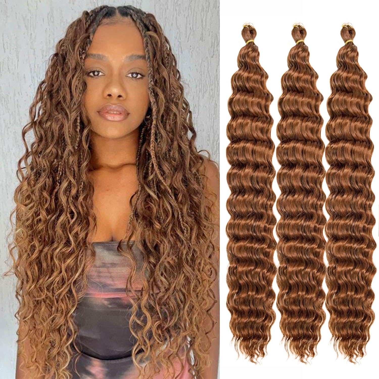 Ocean Wave Crochet Hair 3Packs Deep Wave Braiding Hair Curl Crochet Braiding Hair Extension Ocean Wave Braids Hair for women (30#