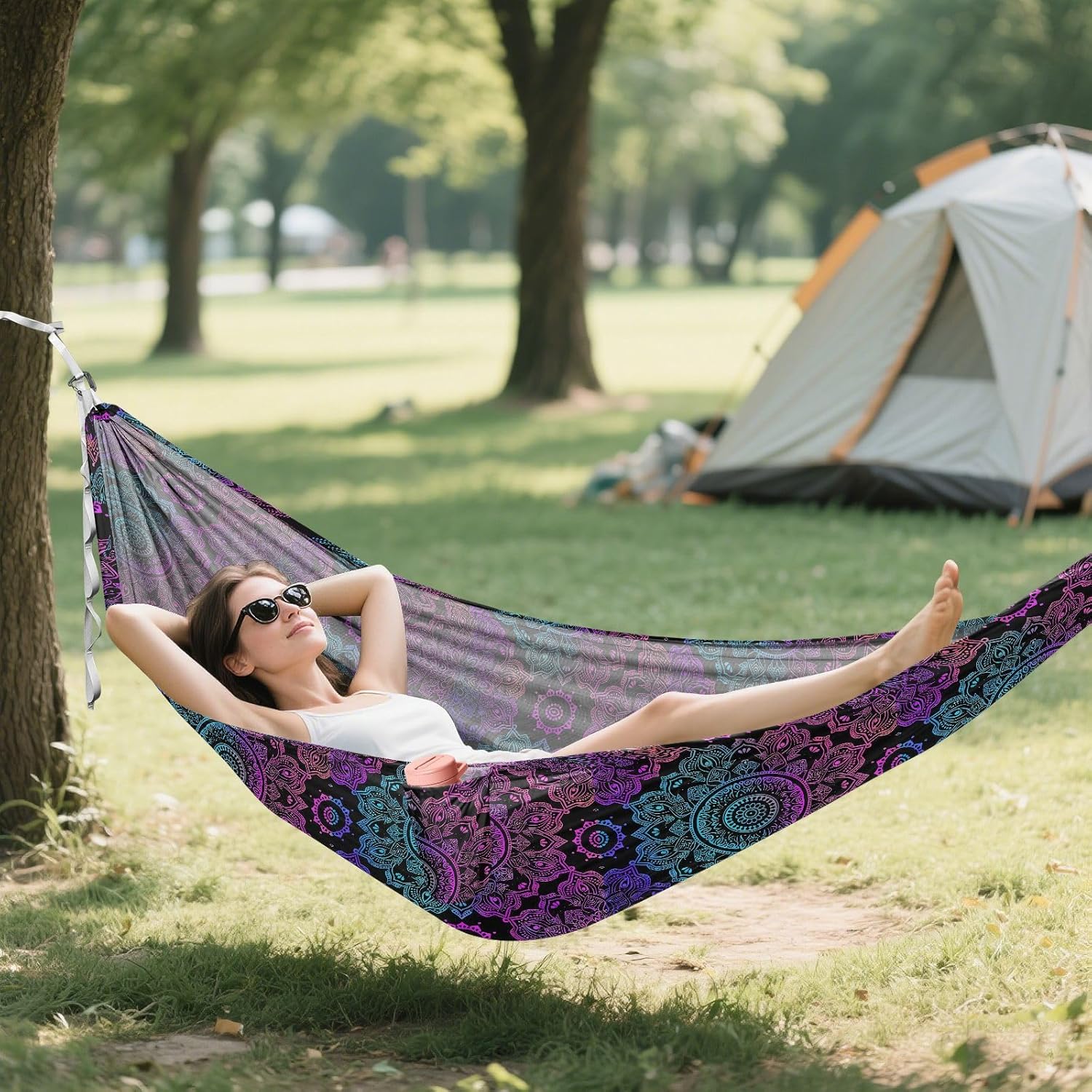 ALAZA Rainbow Mandala Flower Boho Camping Hammocks Single or 2 Person 500 lbs Portable Parachute Travel Hammock w/Tree Straps for Hiking Backpacking Indoor Outdoor