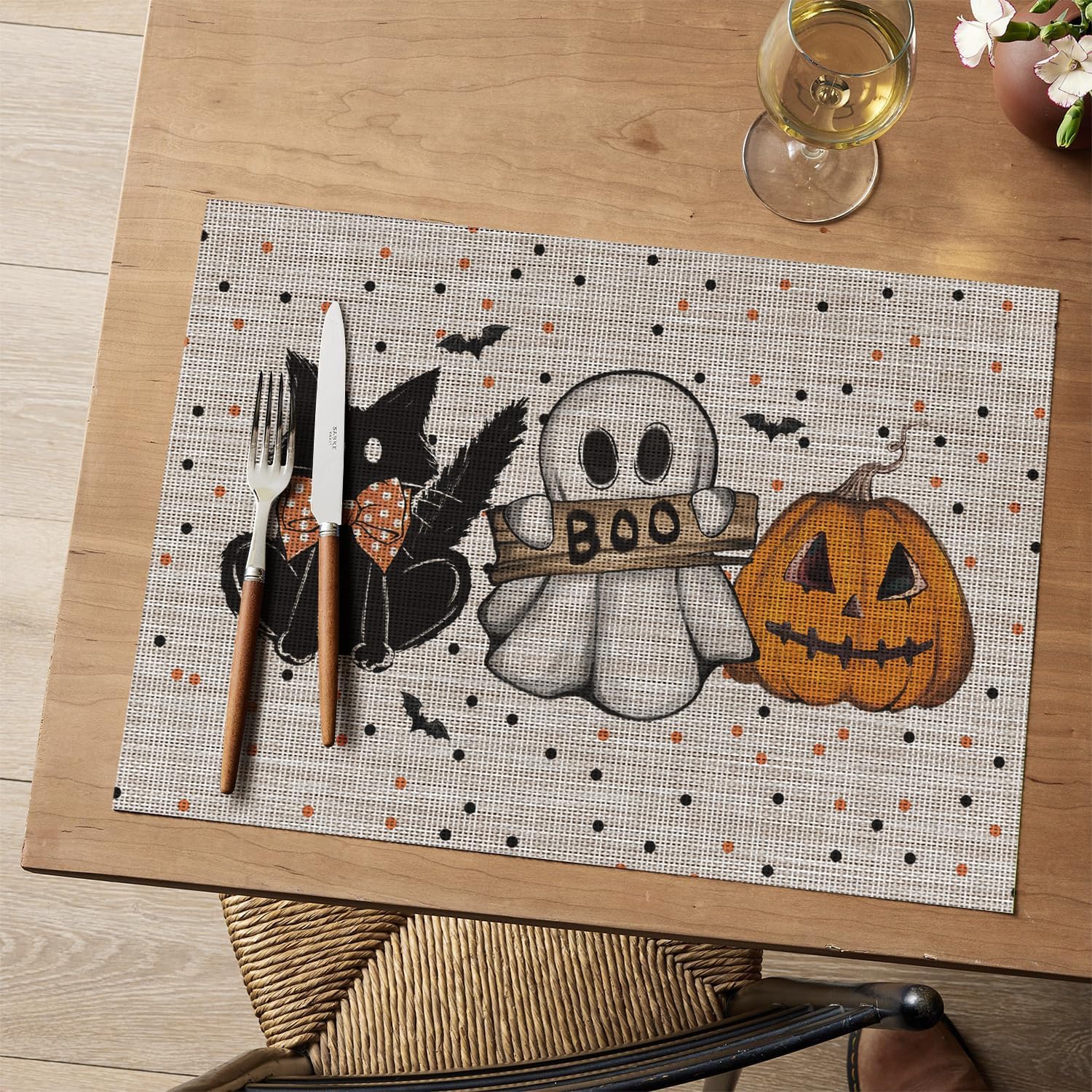 Artoid Mode Ghost Cat Halloween Vinyl Placemats Set of 4, Washable Heat Resistant Non-Slip Woven Plastic PVC Place Mats for Farmhouse Holiday Party Kitchen Dining Decor