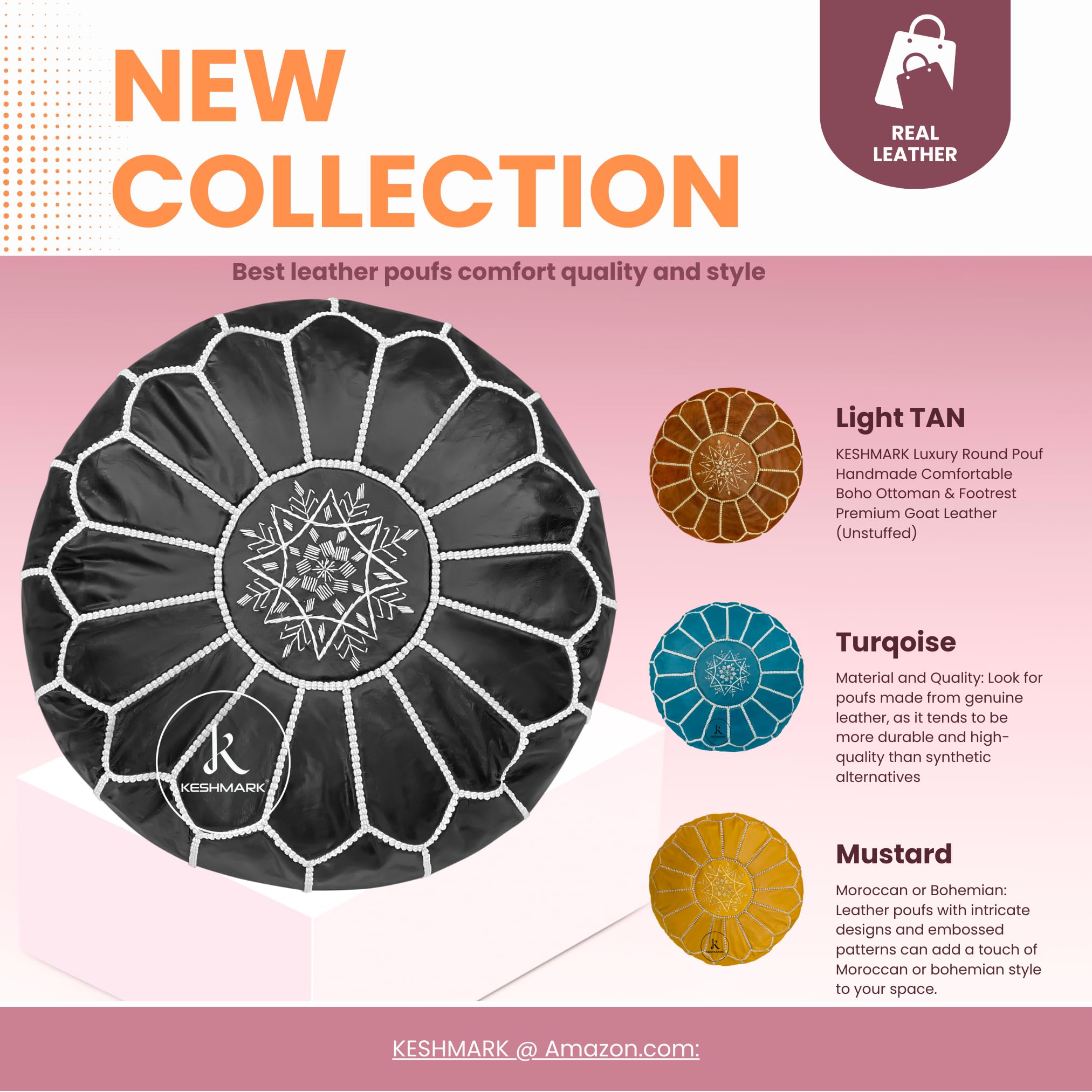 KESHMARK Luxury Round Pouf Handmade Comfortable Boho Ottoman & Footrest Premium Goat Leather (Unstuffed) (Tan (Edge Design))