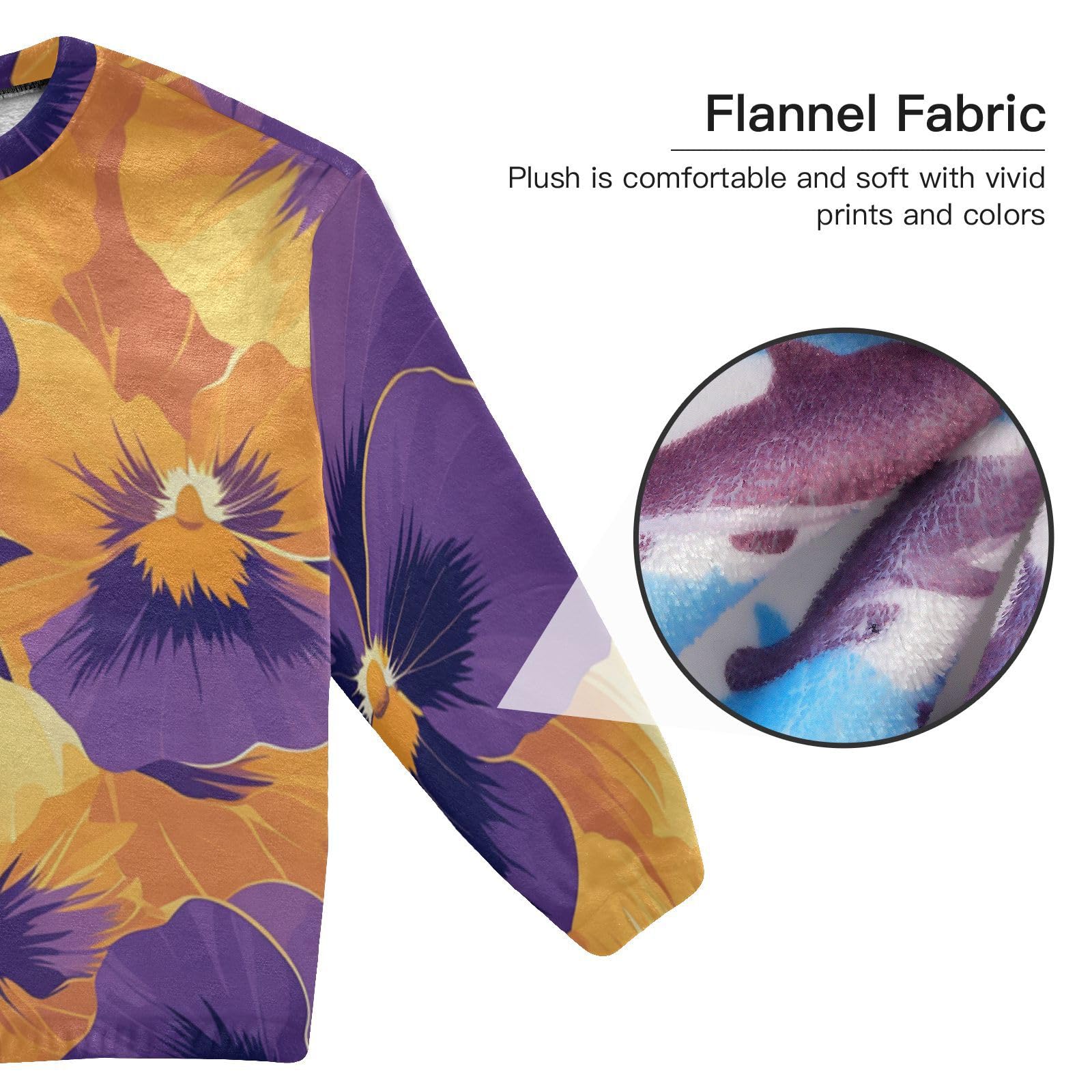 Set pigiama da donna in pile a due pezzi con fiori viola e arancione astratto, a maniche lunghe, con top e pantaloni