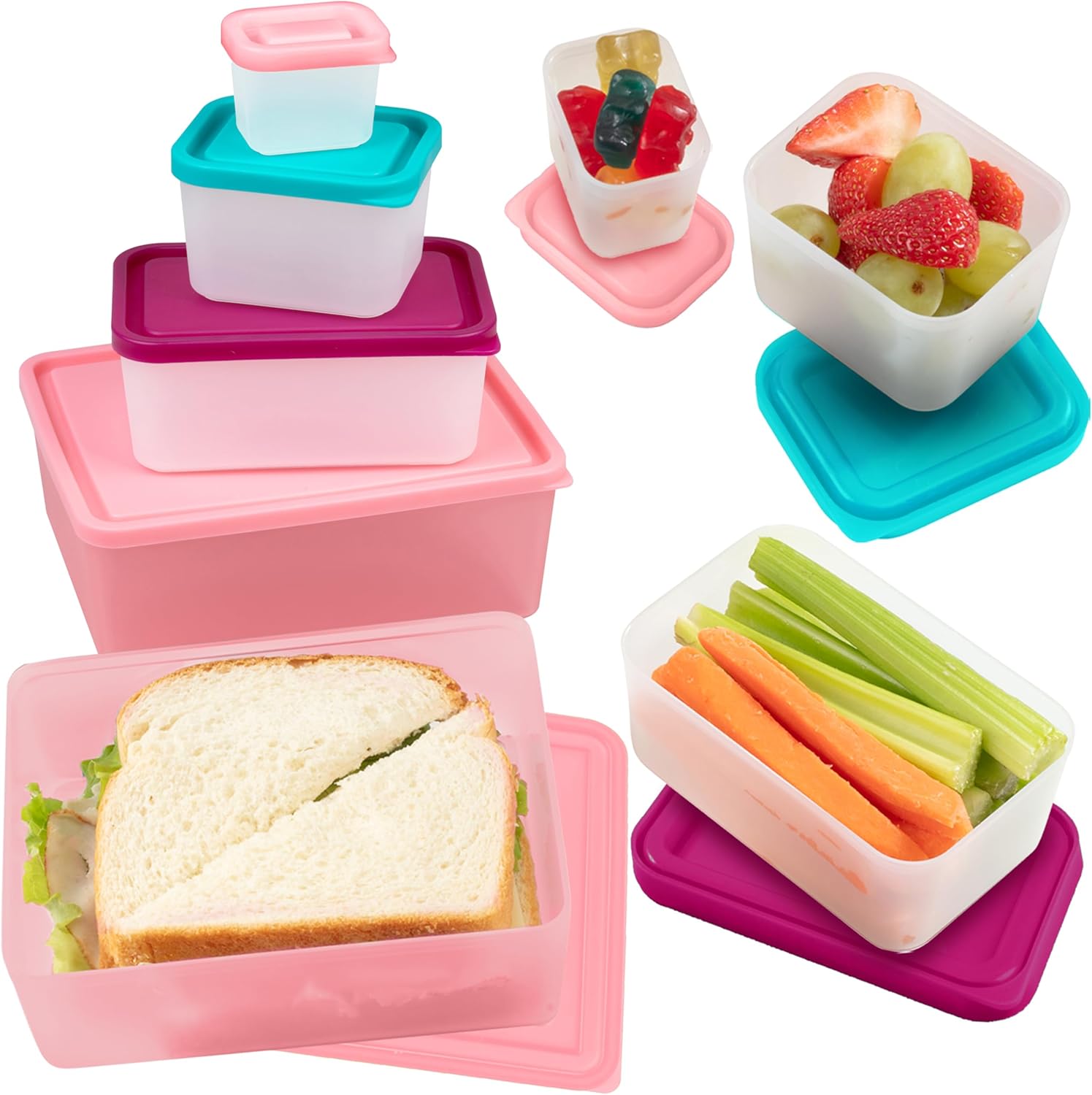 Bentology Snack Buddies - Mini Bento Snack Lunch Box w 4 Portion Control Meal Containers and Lids - BPA, PVC Free, Food Safe – On-the-Go lunchbox - Pink (Pack of 2)