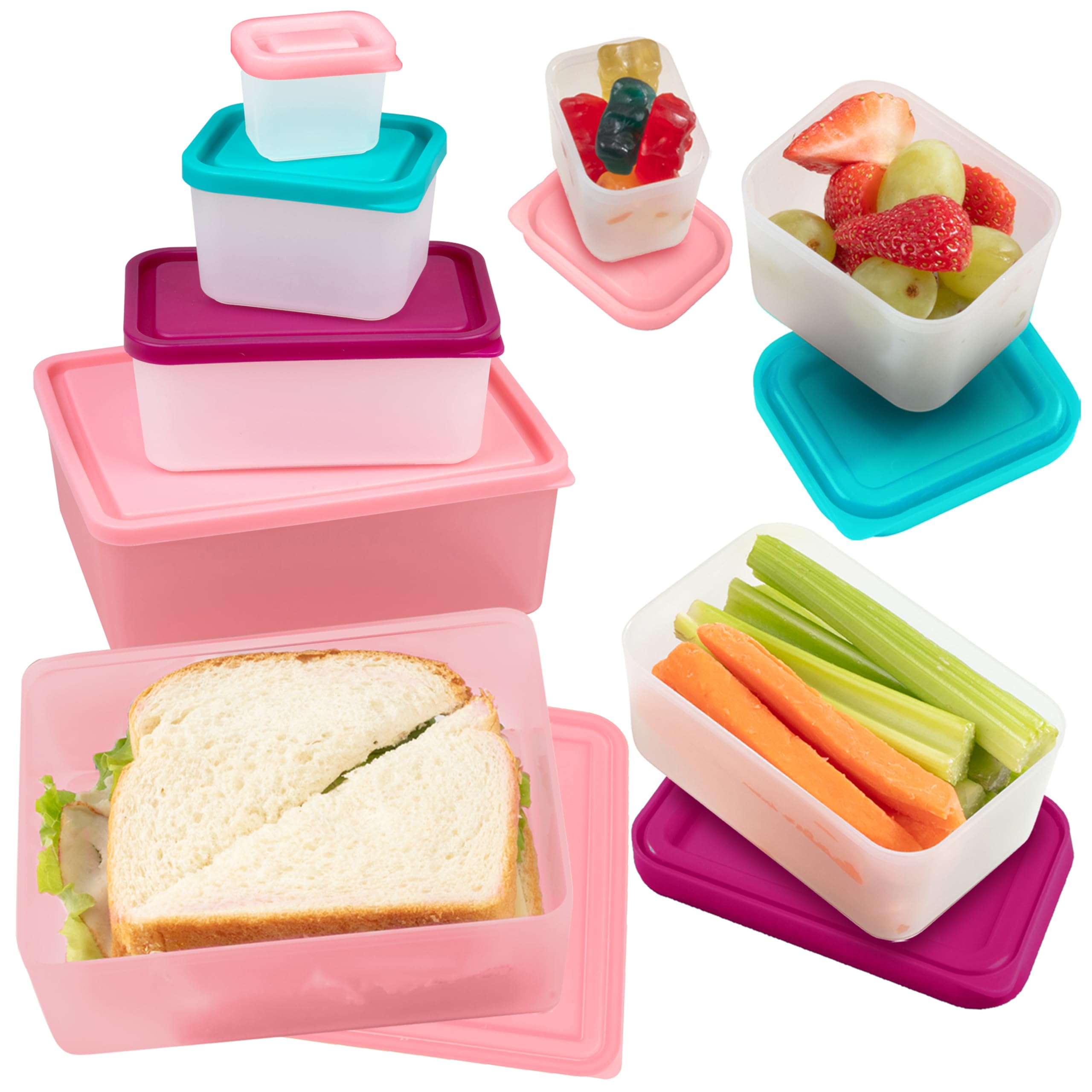 Bentology Snack Buddies - Mini Bento Snack Lunch Box w 4 Portion Control Meal Containers and Lids - BPA, PVC Free, Food Safe – On-the-Go lunchbox - Pink