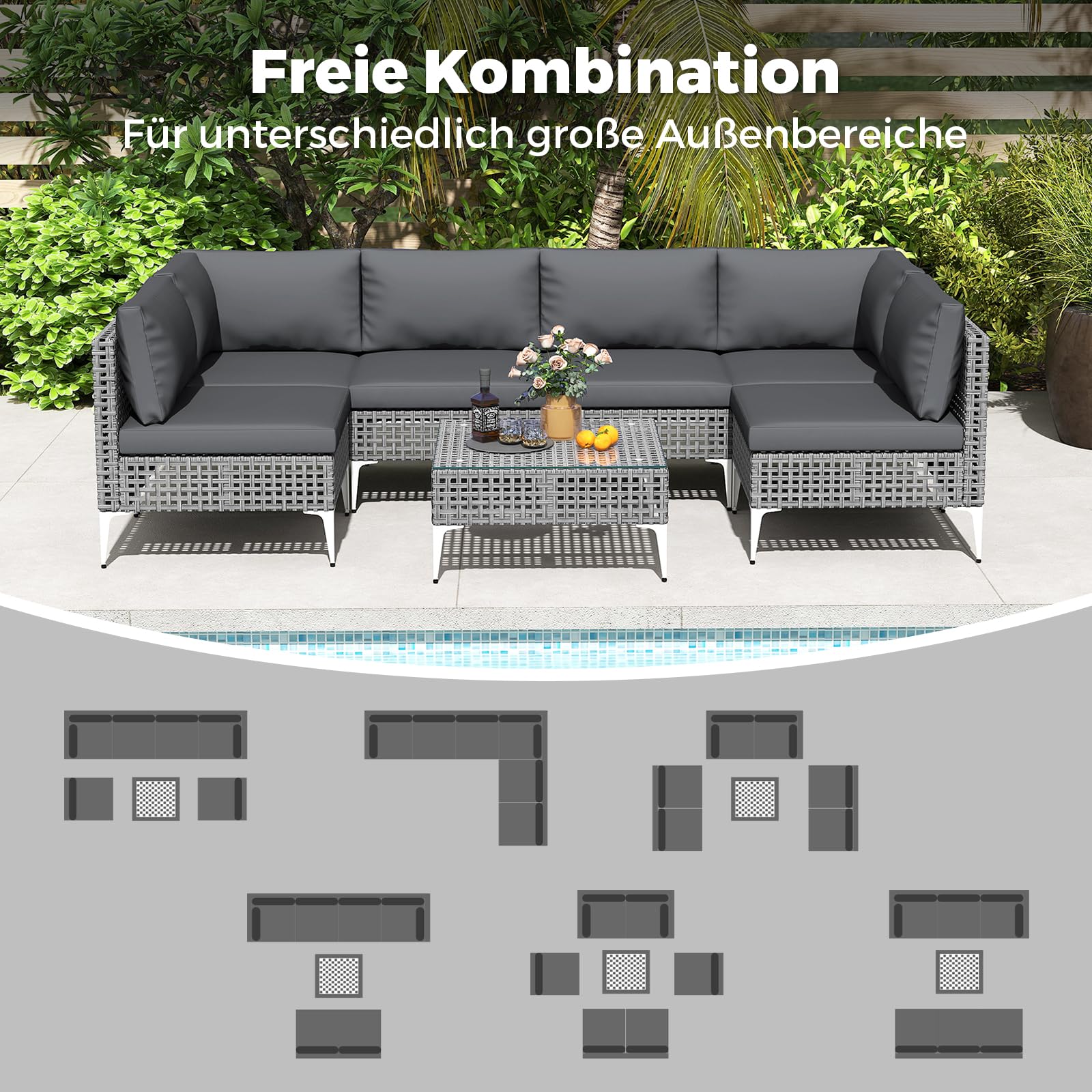 COSTWAY Lounge Möbel Outdoor, Rattan Gartenlounge mit Tisch und Kissen, frei kombinierbar, Gartenmöbel Set, Balkonmöbel, Terrassenmöbel, Sitzgarnitur, Sitzgruppe für Garten, Terrasse, Balkon