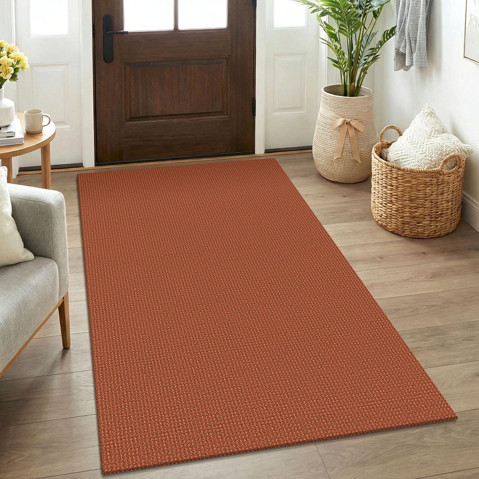 KOZYFLY Rugs for Entryway 3x5 ft Washable Area Rug Non Slip Rubber Backed Entry Rug Woven Indoor Door Mat Cotton Kitchen Rugs for Entryway, Foyer, Backdoor, Burnt Orange/Tan — image 1