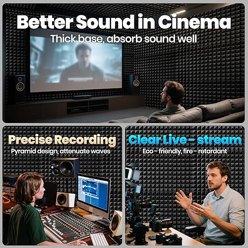 Miniatura 2 de Focusound Paneles acústicos, paquete de 50 unidades de 2 x 12 x 12 pulgadas con 300 adhesivos de doble cara, espuma piramidal a prueba de sonido