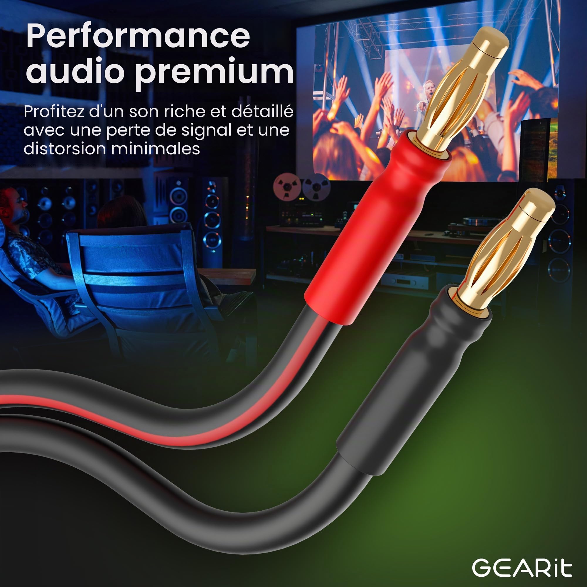 GearIT Câble de haut-parleur 14 AWG avec connecteurs banane (lot de 2, 1 mètre), calibre 14 Ga pour son surround HiFi bi-Wire Bi-Amp HiFi - 99,9% cuivre OFC, embouts plaqués or,