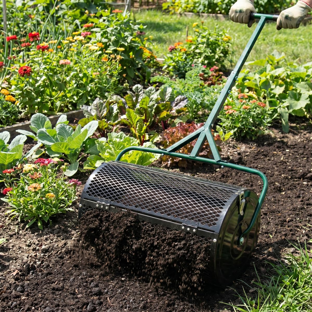 Kompoststreuer 95 L mit 70 cm Arbeitsbreite Düngerstreuer Kompostwalze Gartenstreuer für Dünger Saat mit T-Griff 3 Höhen verstellbar Rasenpflege