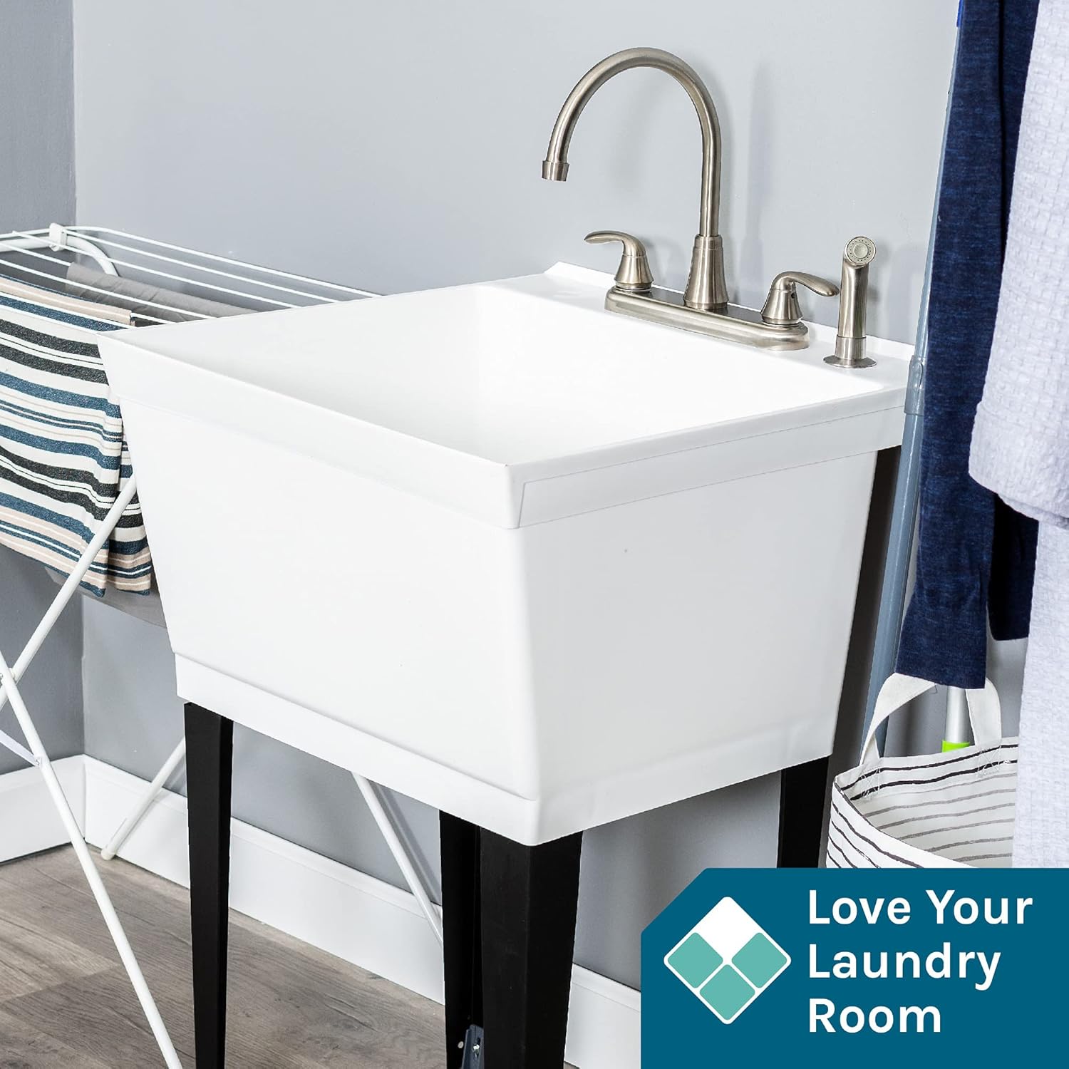 Utility Sink Laundry Tub with Gooseneck Faucet by JS Jackson Supplies, Heavy Duty Sinks for Basement, Laundry Room, Garage or Shop, Large Standing Wash Station (Stainless Steel Faucet)