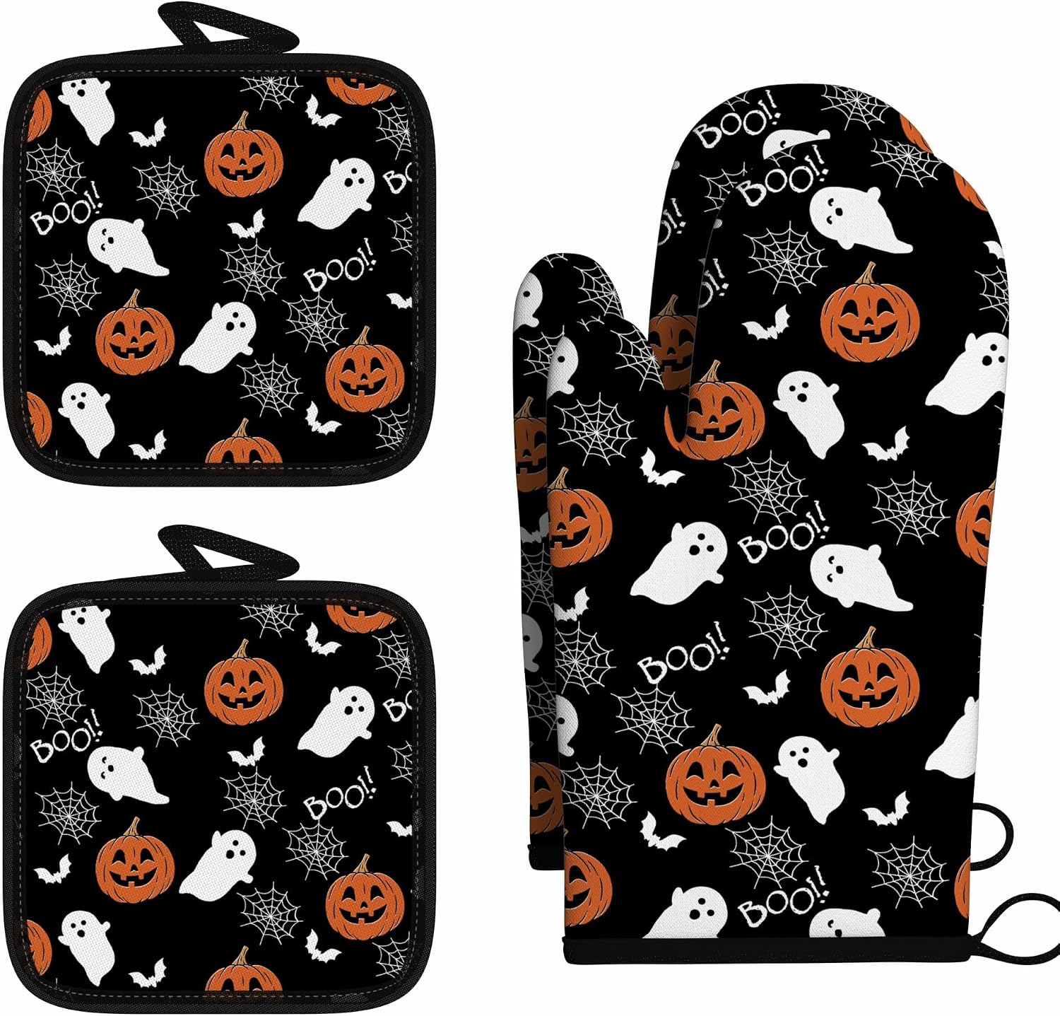 Halloween Pumpkin Ghost 4PC Oven Mitts Pot Holders Set Heat Resistant