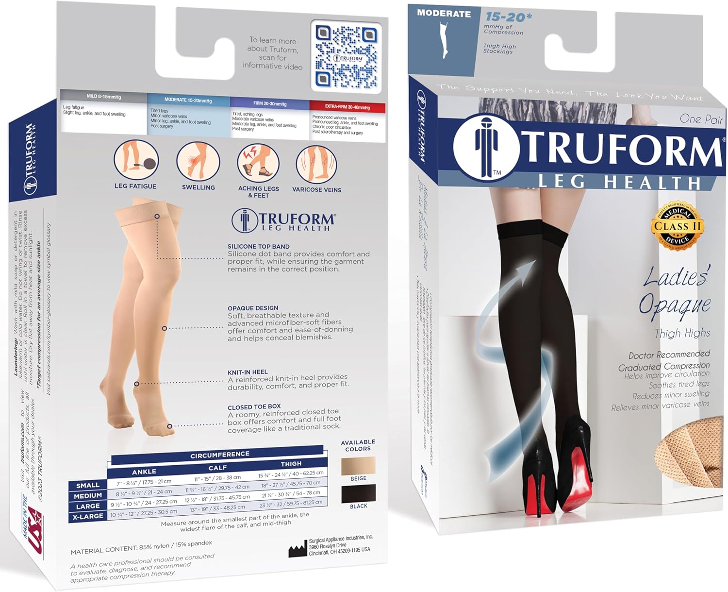 Truform Women's Compression Stockings, 15-20 mmHg, Thigh High Length, Closed Toe, Opaque, Black, Medium