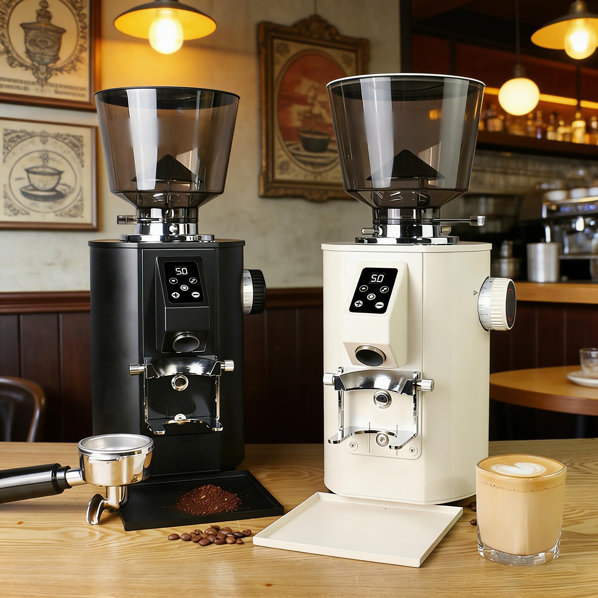 Molinillo de café comercial de fresa plana, fresa de 64 mm con 9 ajustes precisos para espresso y vertido, modos de dosificación dual con tolva de gran capacidad y soporte para portafiltro white