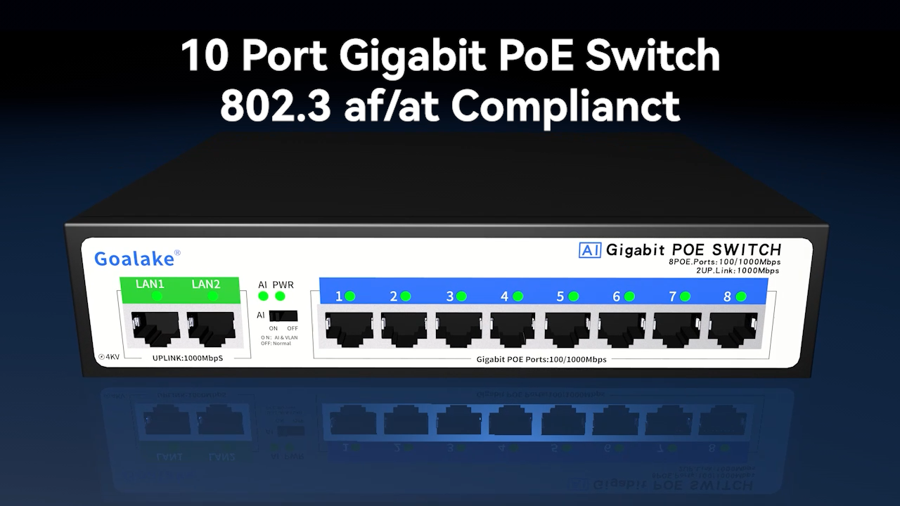 Switch PoE Goalake 5 Ports - 4 Ports PoE+ 100 Mbps - Budget 52W - Compatible 802.3af/at - Extension Jusqu'à 250m - Parfait Pour Caméras IP Et Réseaux De Surveillance