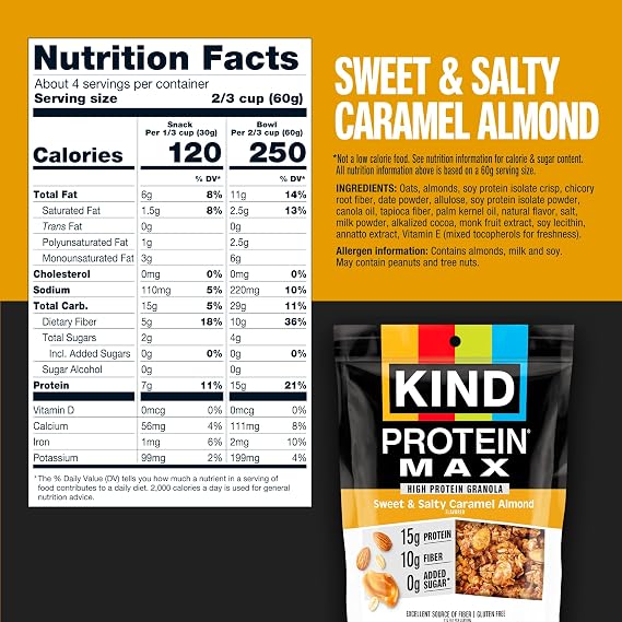 KIND Protein MAX Granola, Sweet & Salty Caramel Almond, Gluten Free, High Protein, Keto Snacks, 15g Protein, 9oz, 1 Count
