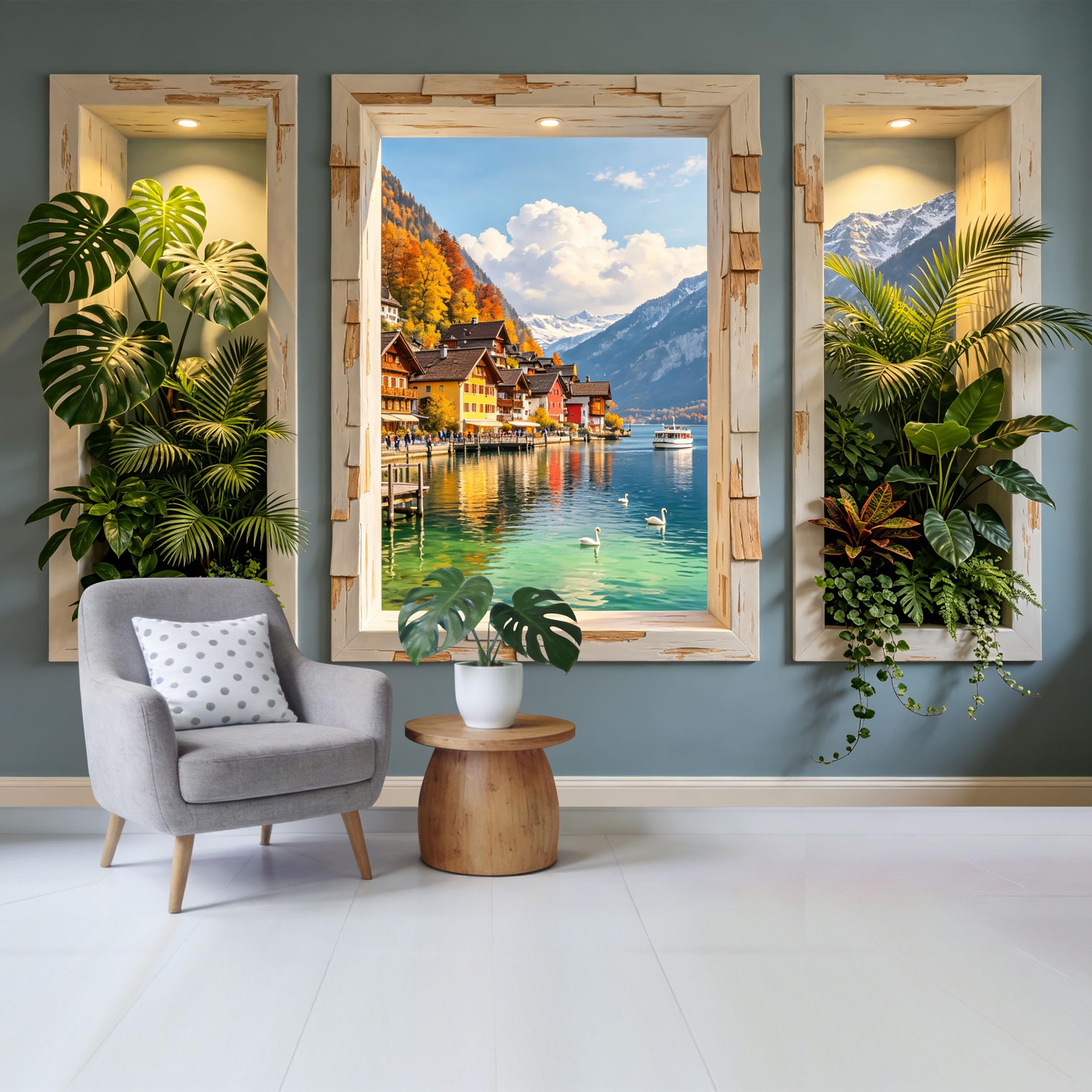 Custom Size Wall Mural Mountain Lake Village View with Autumn Forest Botanical Removable Self Adhesive Fabric Home Wall Decor for Living Room Bedroom Bathroom