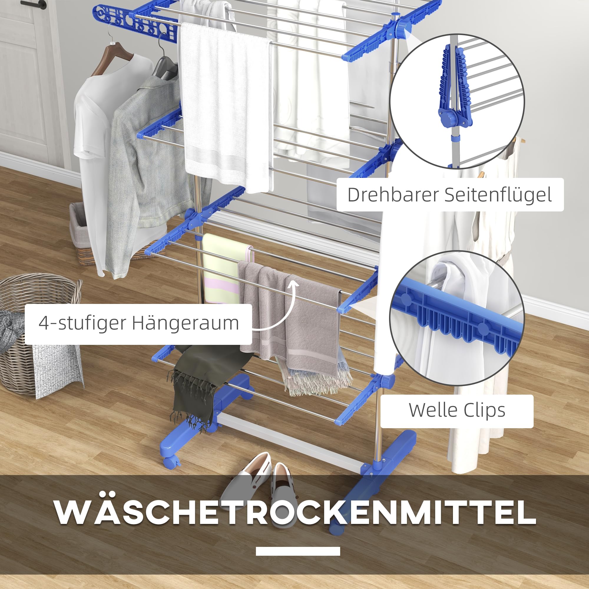Homcom Wäscheständer Turm Standtrockner mit 4 Ebenen 142x55x172 cm Blau 142L – Bild 5