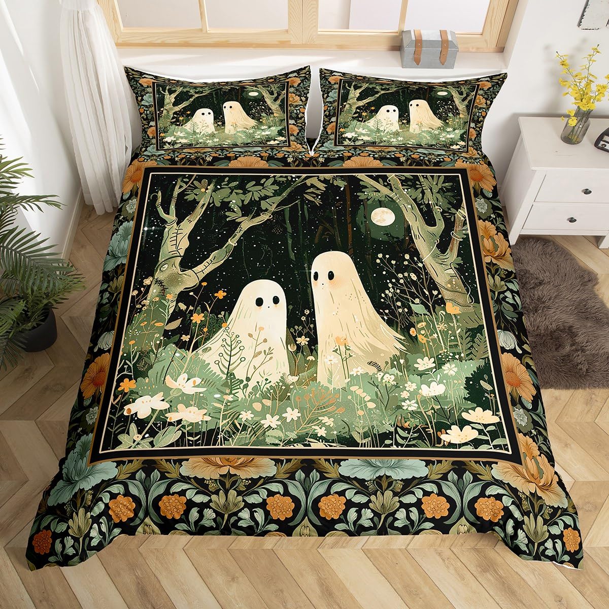Loussiesd Ghost Comforter Cover Double Size Happy Halloween Bedding Set for Boys Girls Cute Ghost Duvet Cover Horror Theme Bedroom Decor 3Pcs Orange Green — image 1