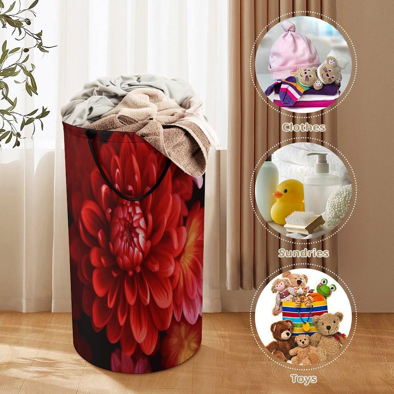 Cesta de ropa sucia de flores rojas, bolsa grande para ropa sucia. Cesta de almacenamiento para asas de fácil transporte. Cesta grande para ropa con asas, cubo de almacenamiento de ropa, organizador