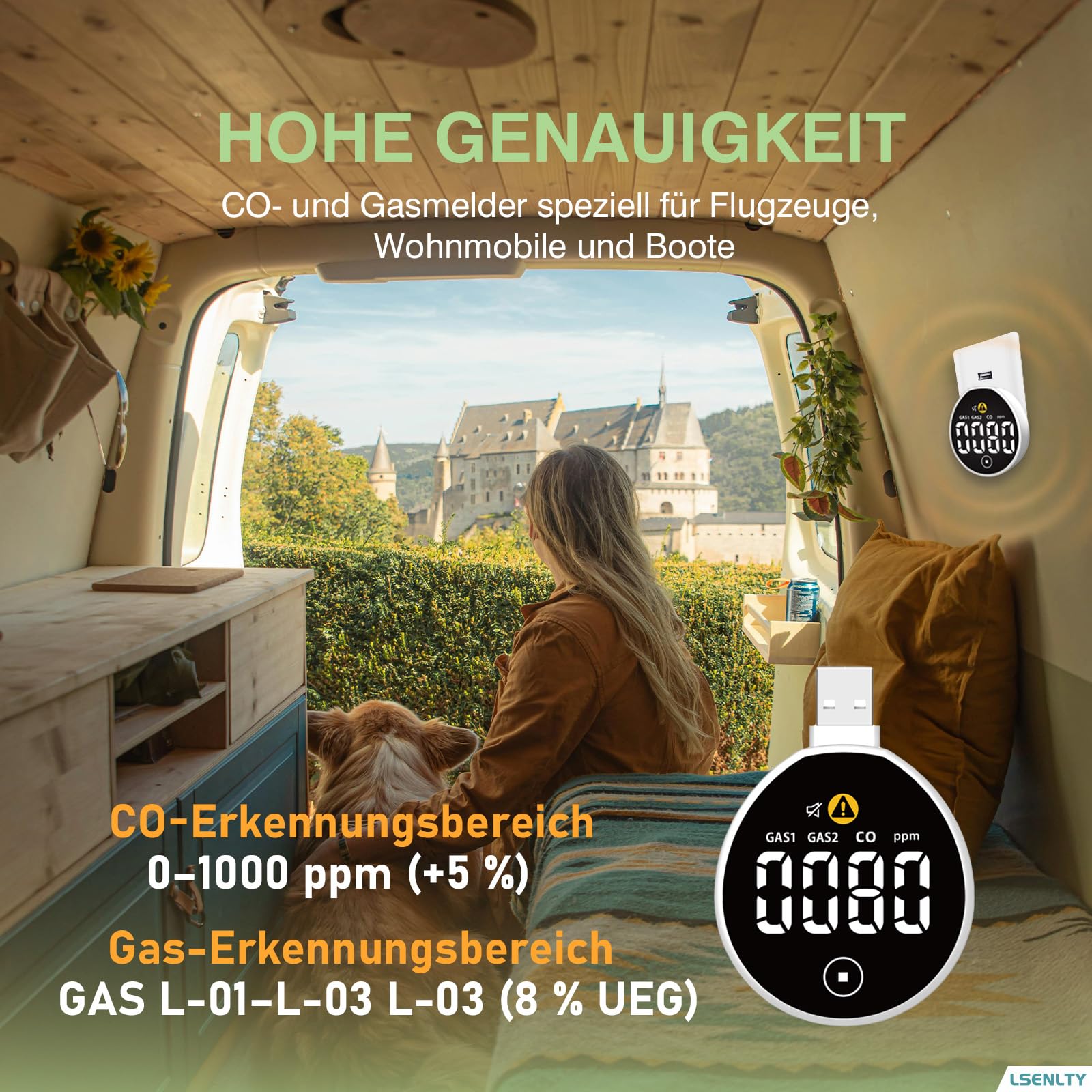 LSENLTY Mini-USB-Schnittstelle integrierter Kohlenmonoxid-Brenngasdetektor, Einstellbarer USB-Schnittstellen-Luftdetektor, geeignet für Autos