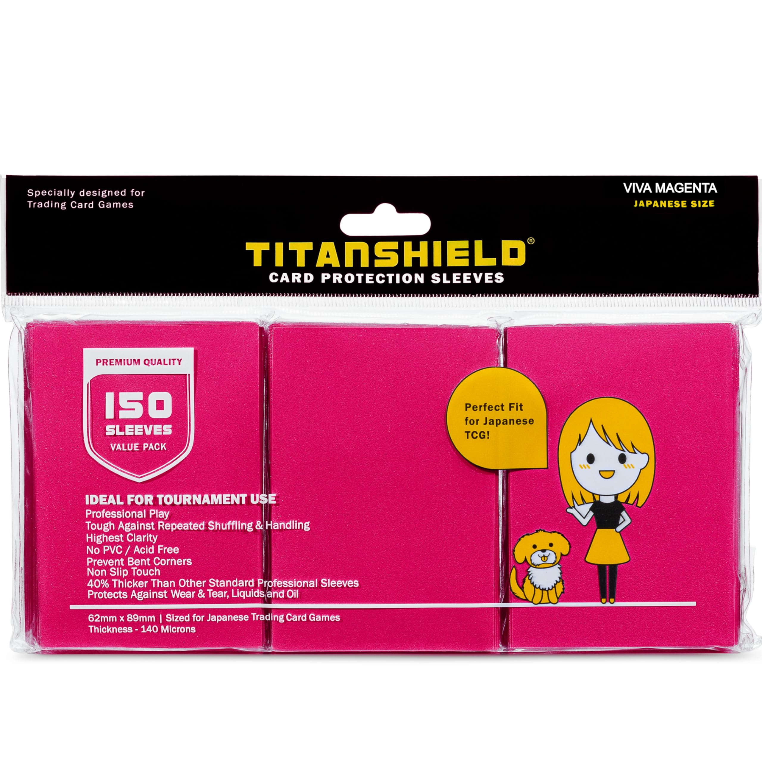 TitanShield (150 Sleeve) Colored Small Japanese Sized Trading Card Sleeves Deck Protector for Yu-Gi-Oh, Cardfight!! Vanguard & More (Viva Magenta)