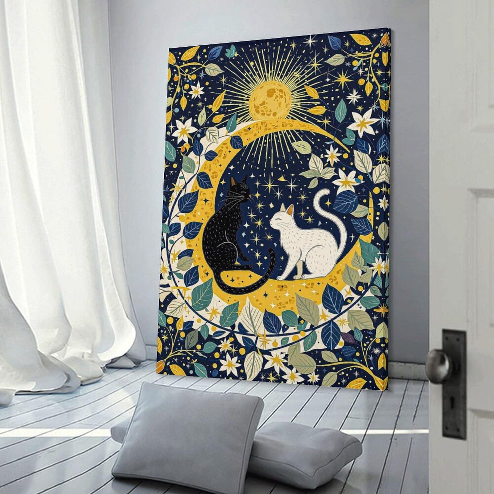 Junmoney Frame-Style-1 Celestial Cats On Crescent Moon Canvas Wall Decor 20X30inch(50X75cm), For Bedroom Walls, Guest Spaces Or Lounges, A Warm Accent For Relaxed Interiors