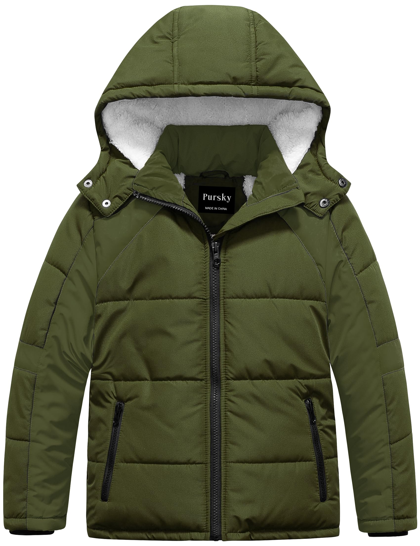 Pursky Boy's Warm Winter Coat Water Resistant Sherpa Outerwear Puffer Jackets With Removable Furry Hood
