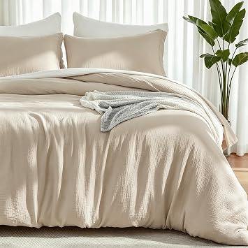 EMME Muslin Cotton Duvet Cover Set Linen Like Beige Twin