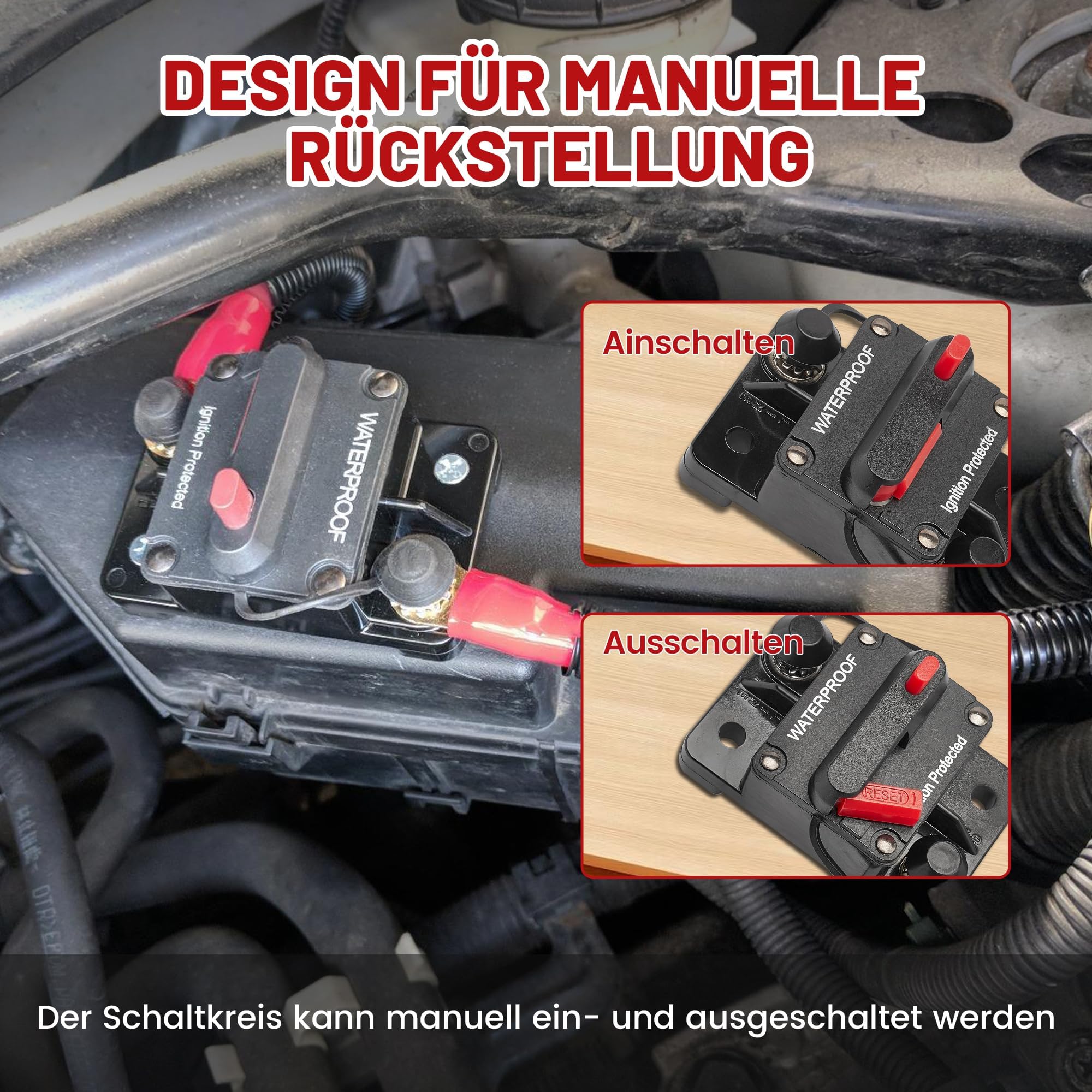 RED WOLF 100A Auto Schutzschalter mit Kabelschuhe Kupferscheiben Wasserdichte Leistungsschalter mit Manuellem Reset für LKW Wohnmobil Boot Auto Audio Sicherungshalter 12V-48V 100 Ampere