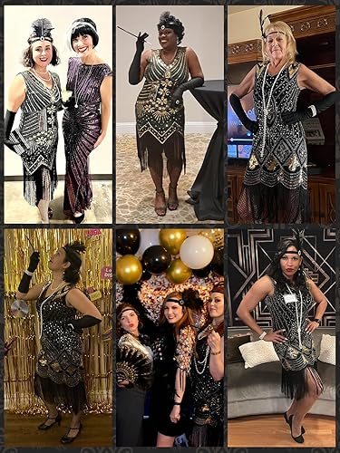 Vista 5 de PLULON Vestidos de los años 1920 para mujer, vestidos de cóctel de flapper de Gatsby con flecos de lentejuelas y juego de accesorios de los años 20
