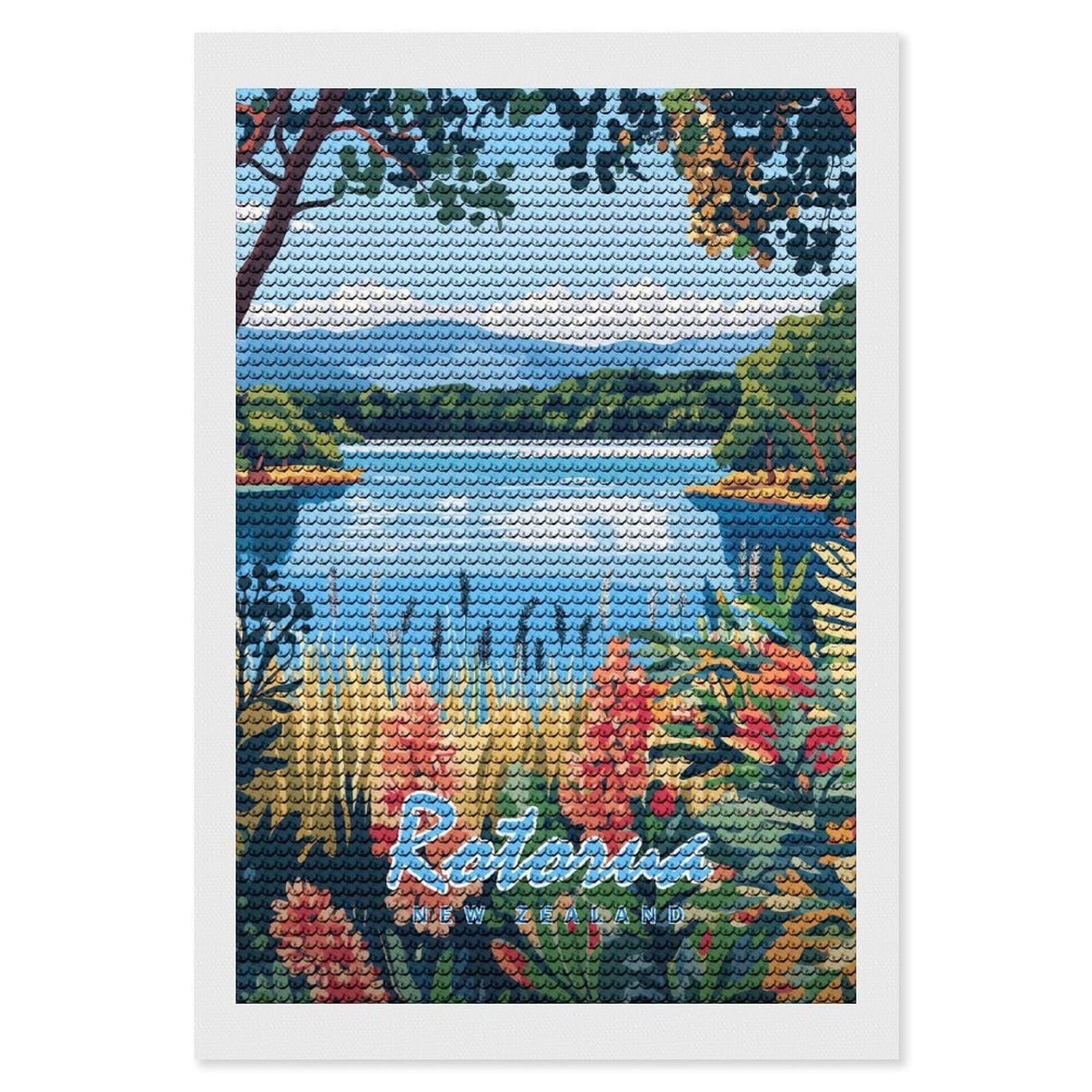 Junmoney Rotorua, New Zealand Landscape(2) Diamond Art Kit 8"x12", Vintage Style Decor, Stress Relief Craft, Decor Project, Relaxing DIY, Creative Hobby