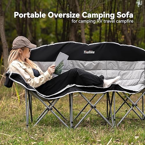 Miniatura 7 de Silla de camping doble  Sofá plegable para 2  3 personas al aire libre con portavasos y soportes para copas de vino  Sofá de dos plazas de gran