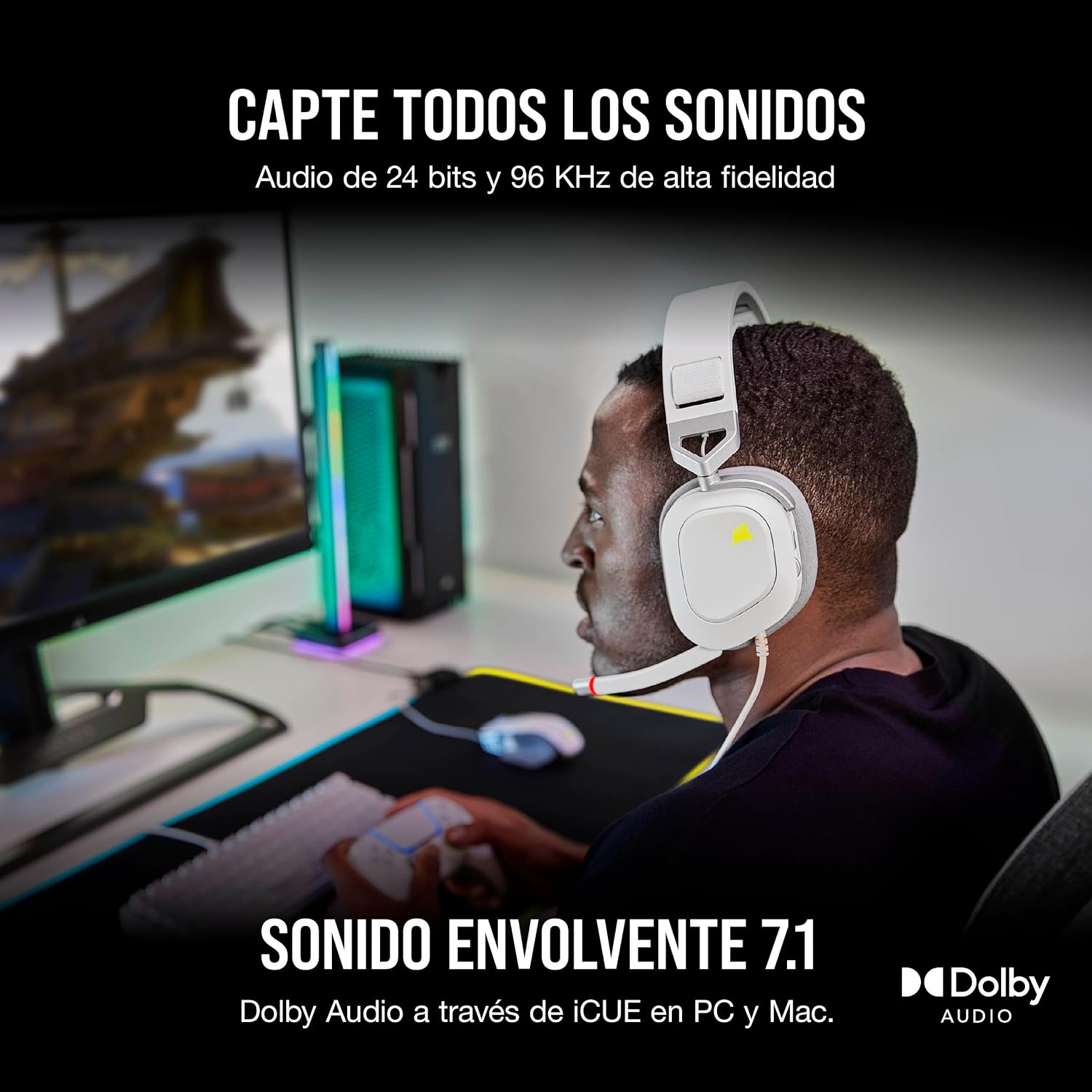 Corsair HS80 RGB USB Auriculares para Juegos – Sonido Envolvente Dolby 7.1 – Micrófono Omnidireccional – Compatible con iCUE – PC – Blanco 3