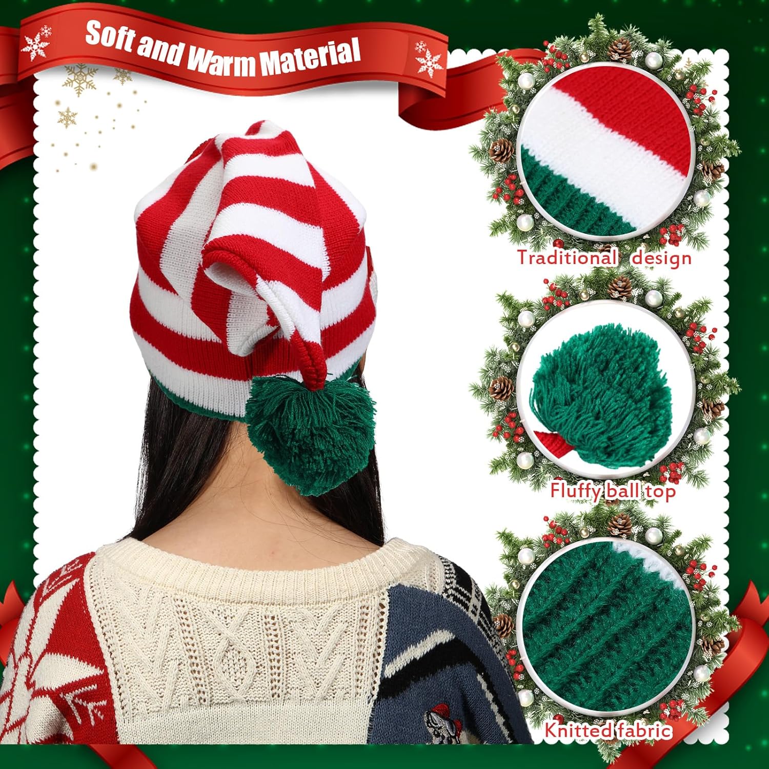 6 Pcs Christmas Elf Hat Knitted Santa Hat Winter Beanie Striped Hat for Adult Xmas New Year's Party Costume Accessory