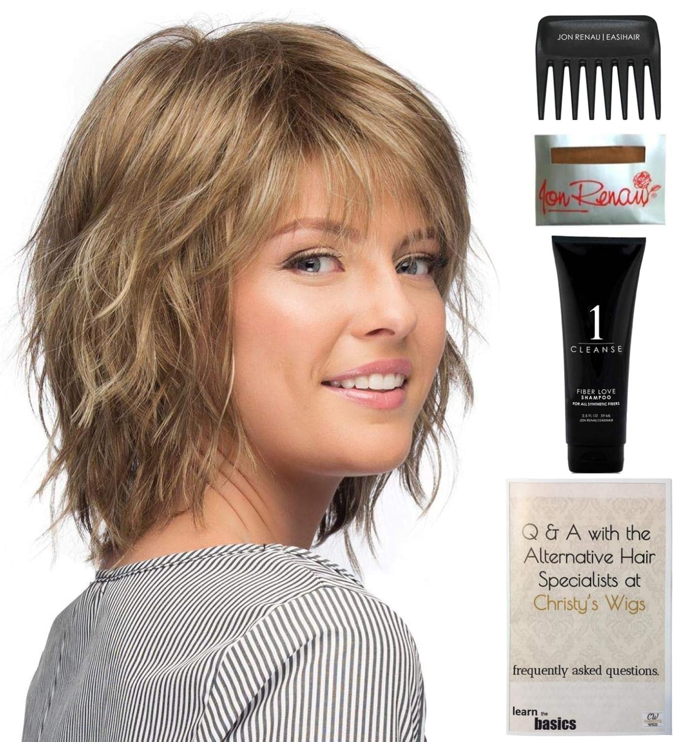 Estetica Bundle - 5 Item: Jones Wig, Christy's Wigs Q & A Booklet, 2oz Travel Size Wig Shampoo, Wig Cap & Wide Tooth Comb - Color: R30/28/26
