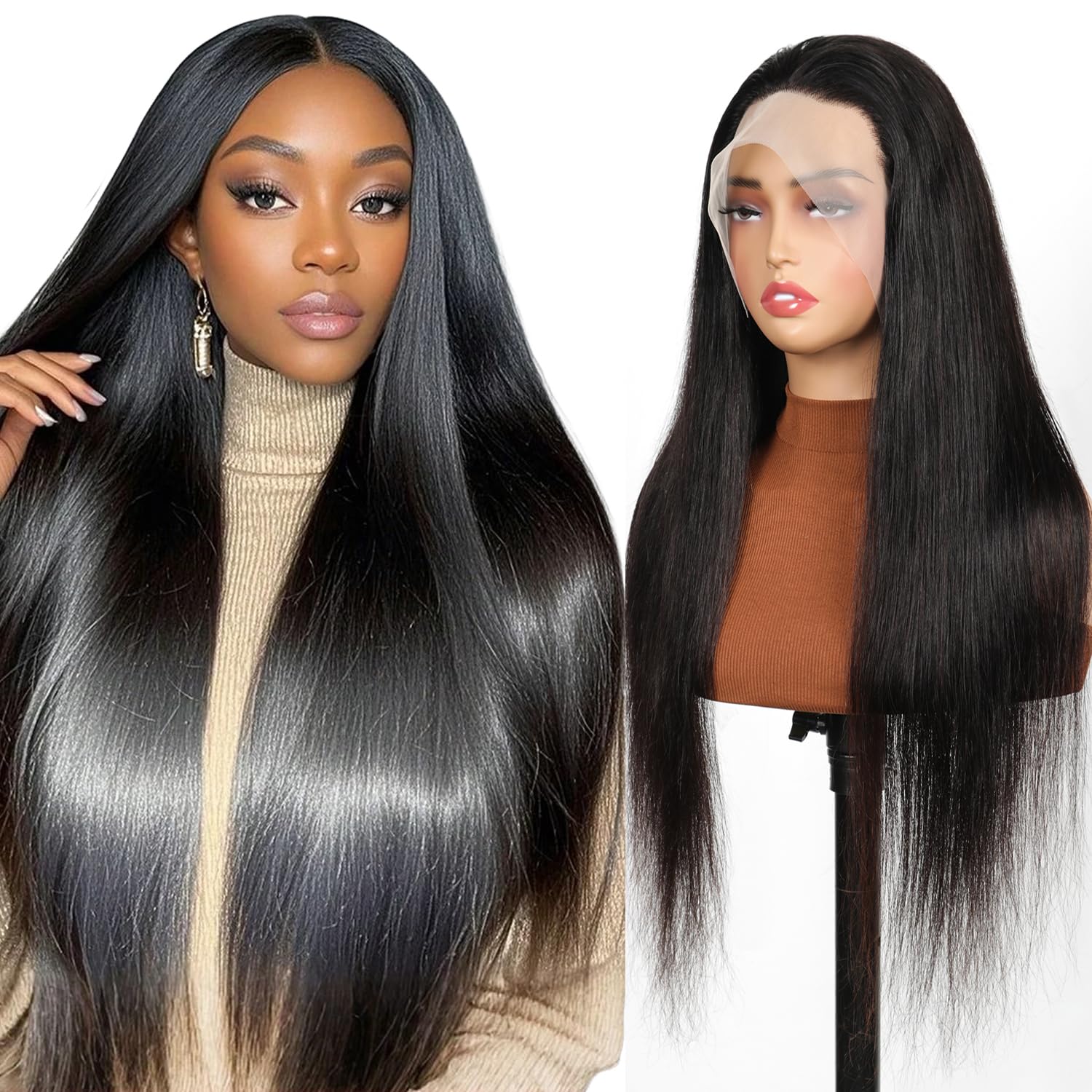Full Lace Human Hair Wigs 16 Inch Glueless Wigs Human Hair Straight Wigs Human Hair Wigs For Black Women Full Lace Front Wigs Human Hair 100% Handmade Invisible Full Lace Wig Natural Black