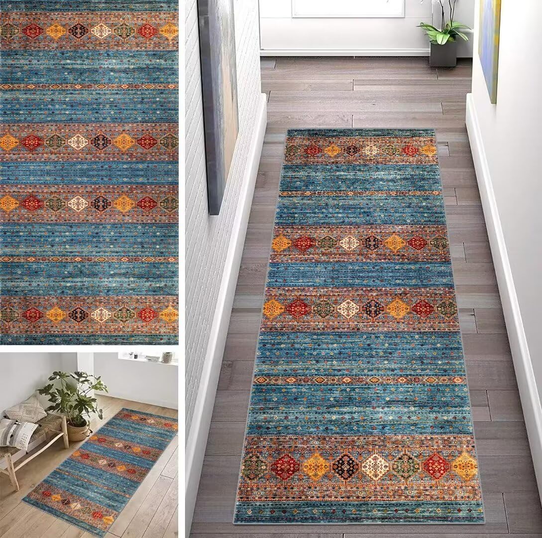 ZUZEKU Boho Morocco Runner Hallway Kitchen Washable Non-Slip 40 x 120 cm Long Blue Vintage Kitchen Rug Hallway Rug for Corridor Living Room Bedroom Sold by the Metre Adjustable