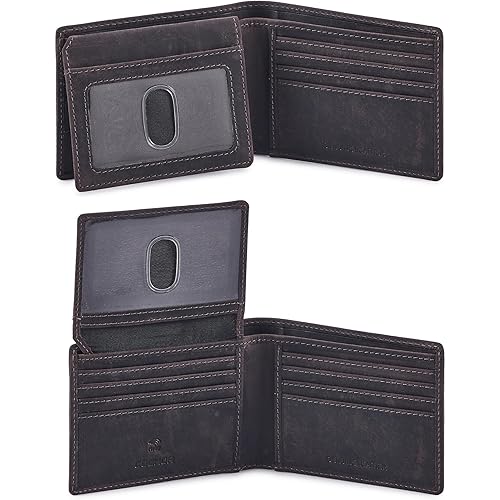 Cochoa Bifold Wallet for Men's Real Genuine Slim Leather RFID Blocking 2 ID Windows Stylish Travel Gift Box (CRAZY HORSE, COFFEE)