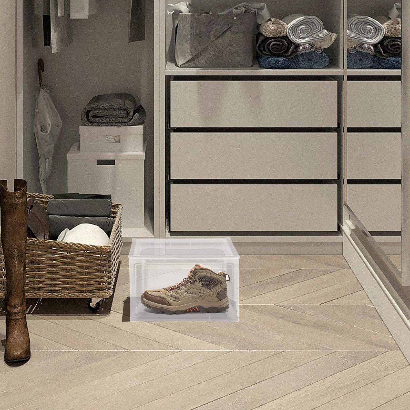 PLAFOPE Schuhkarton aus Acryl Faltbarer Schuhkarton Transparent Stapelbar mit Magnetischer Seitenöffnung für Sneaker und Schuhe für Zuhause und Büro