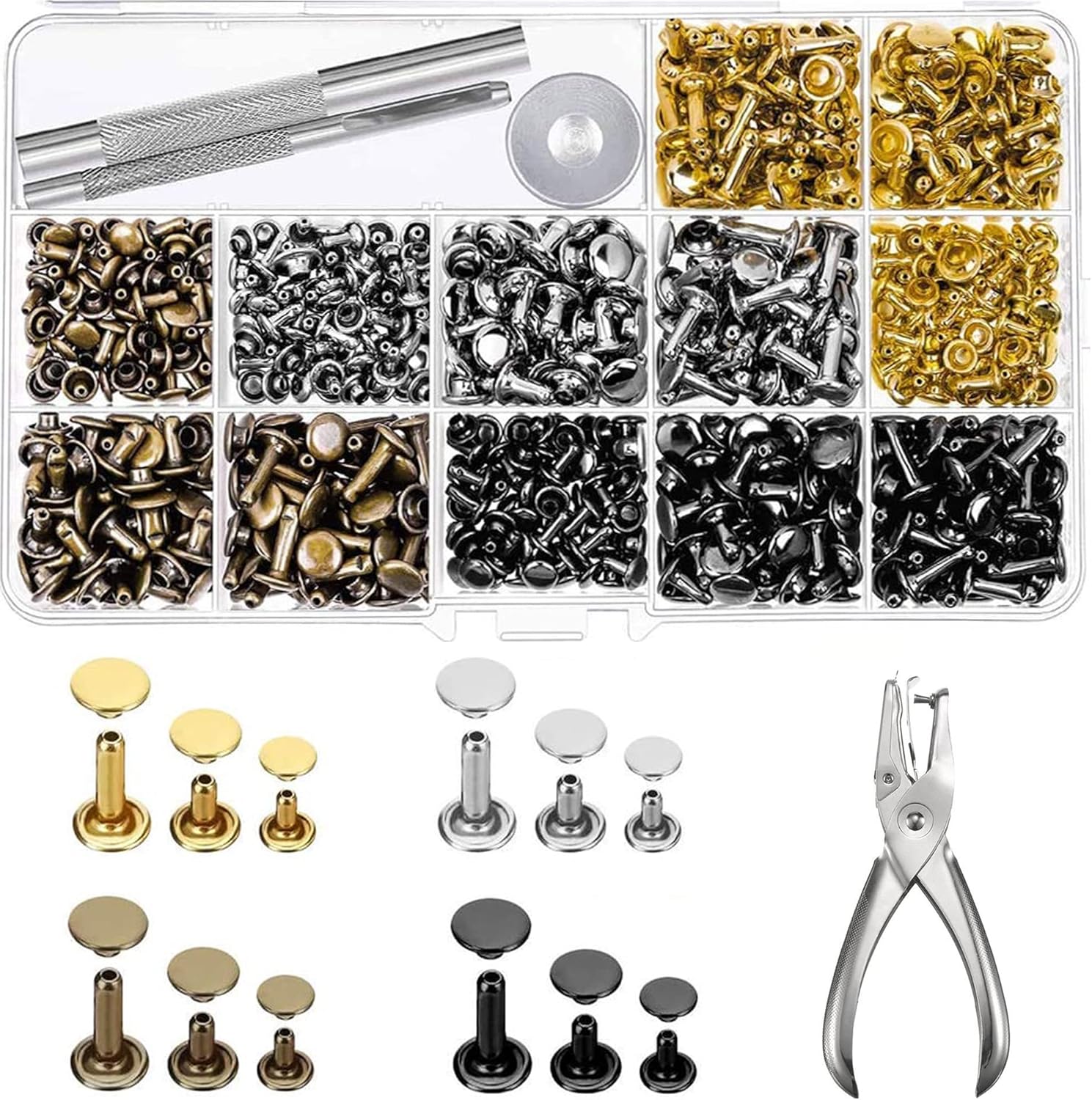 ZKSMNB Rivets, 480 Sets + Leather Rivets Metal Rivets Set with 3 Tools