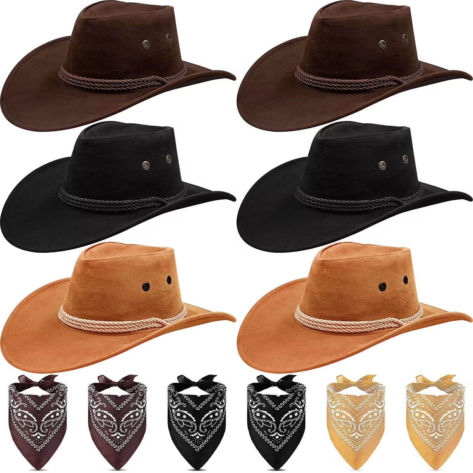 MSYU Set di 6 cappelli da cowboy per donne e uomini, unisex, cappello da cowboy western, in feltro, con bordo largo, cappello classico panama per esterni, cappelli da cowboy con bordo largo