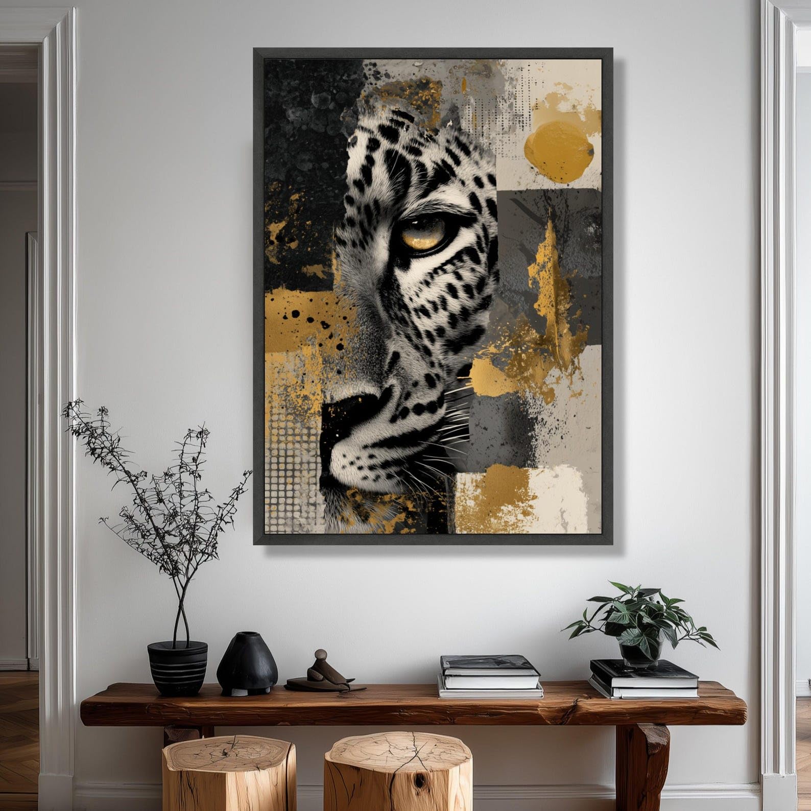Pintura al óleo de un majestuoso leopardo en primer plano, arte abstracto de animales para pared, pósteres de vida silvestre, obra de arte para el hogar en dorado y negro (70x110cm/marco interno)