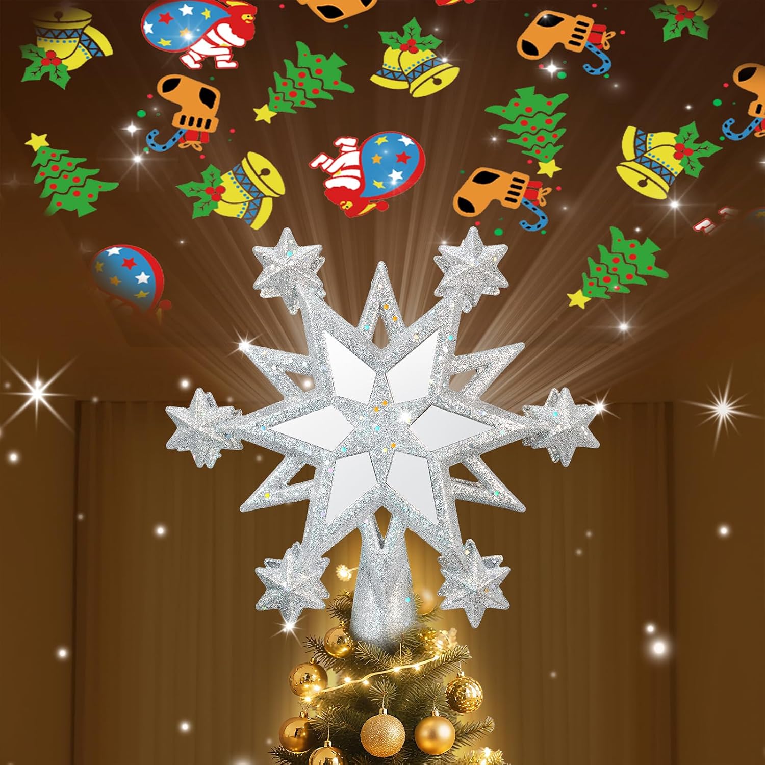 christmas star tree topper lighted with 6 projection modes, 12-pointed star christmas tree topper with built-in led rotating lights, silver christmas tree ornament for xmas holiday decorations