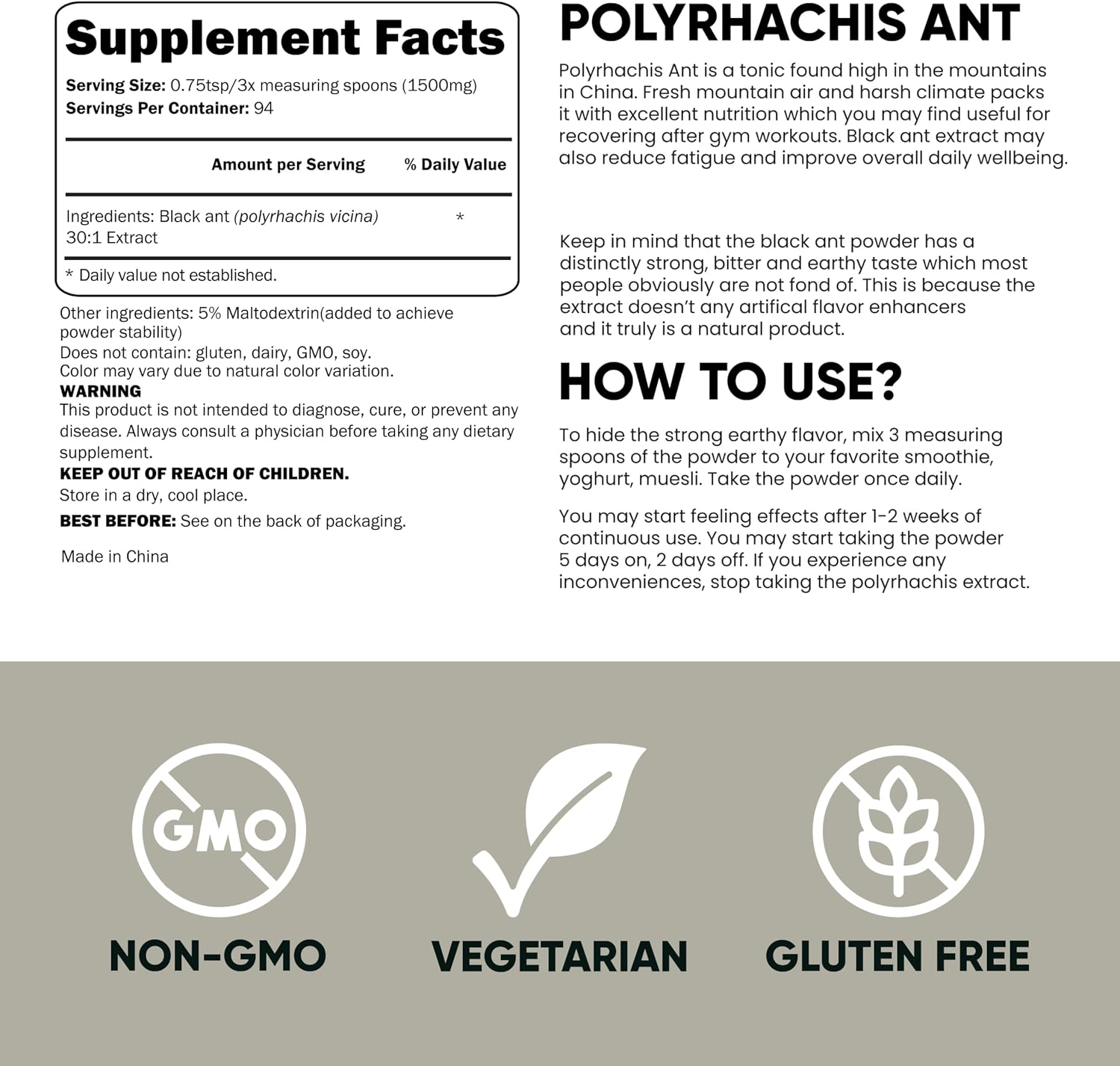 Jungle Powders Black Ant Extract Powder 30:1 Concentration, 94 Servings - 5 Ounces of Pure Polyrhachis Black Ant Supplement, Filler Free Changbai Mountain Ant Traditional Mens Health Support for Drive