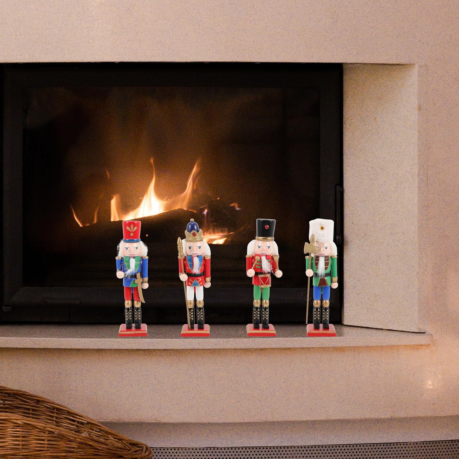 GARVALON 4pcs 18cm Wooden Nutcracker Christmas Figures Small Xmas Party Desktop Decorations Holiday Table Ornaments