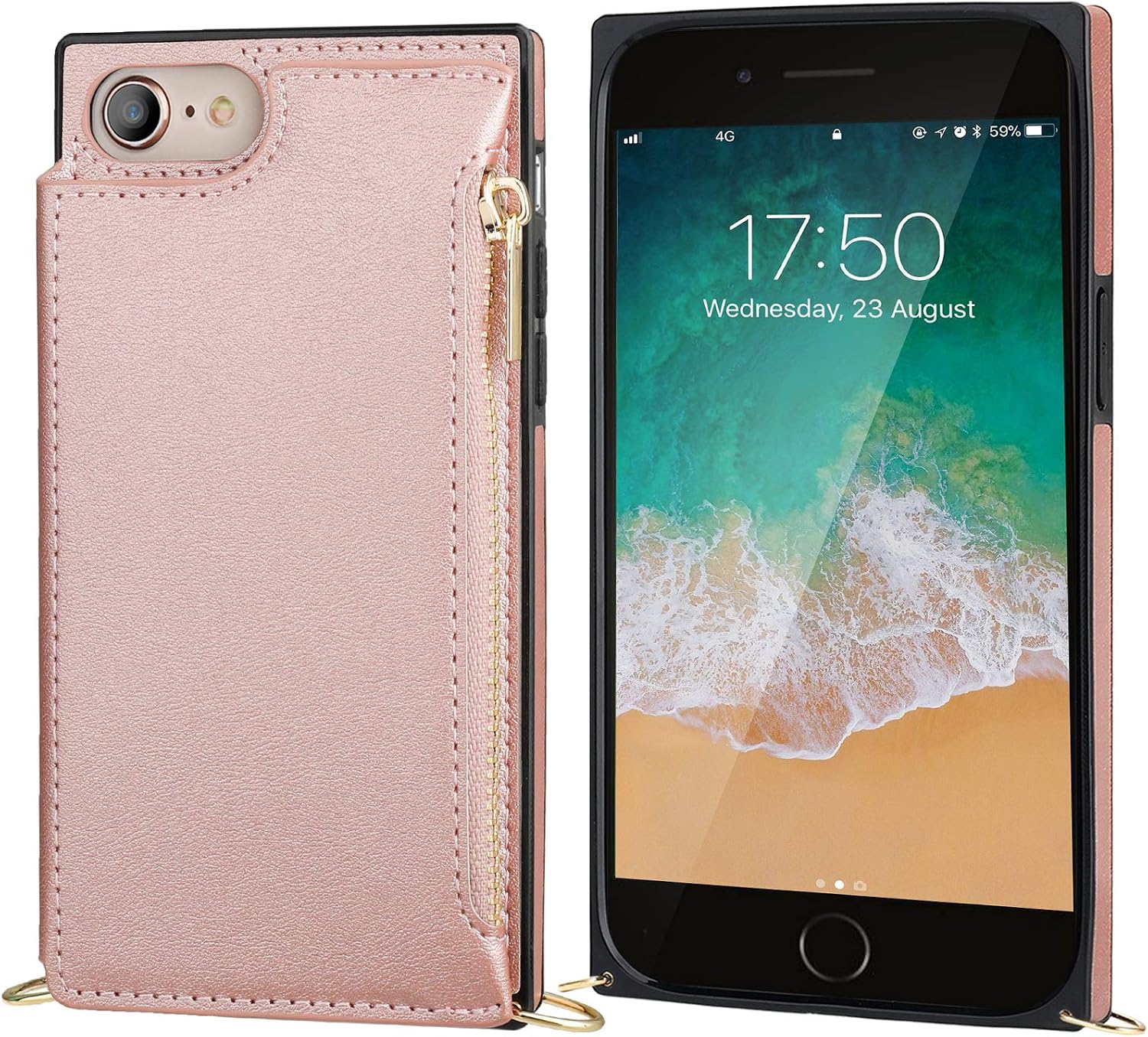 Bocasal Crossbody Wallet Case for iPhone SE 2022/SE 2020/7/8 with Card Holder,Zipper Card Slot Protector Shockproof Purse Cover with Removable Cross Body Strap 4.7 Inch(Rose Gold)