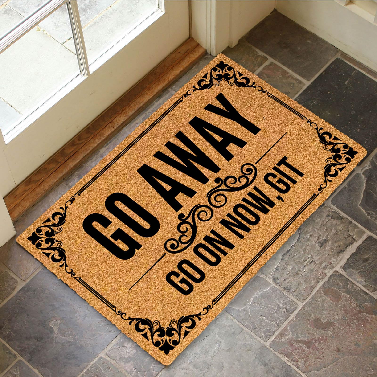 Go Away Go on Now Git Grand paillasson amusant pour entrée extérieure, intérieur et extérieur, lavable, mignon tapis de bienvenue pour entrée avec envers en caoutchouc 76,2 x 45,7 cm
