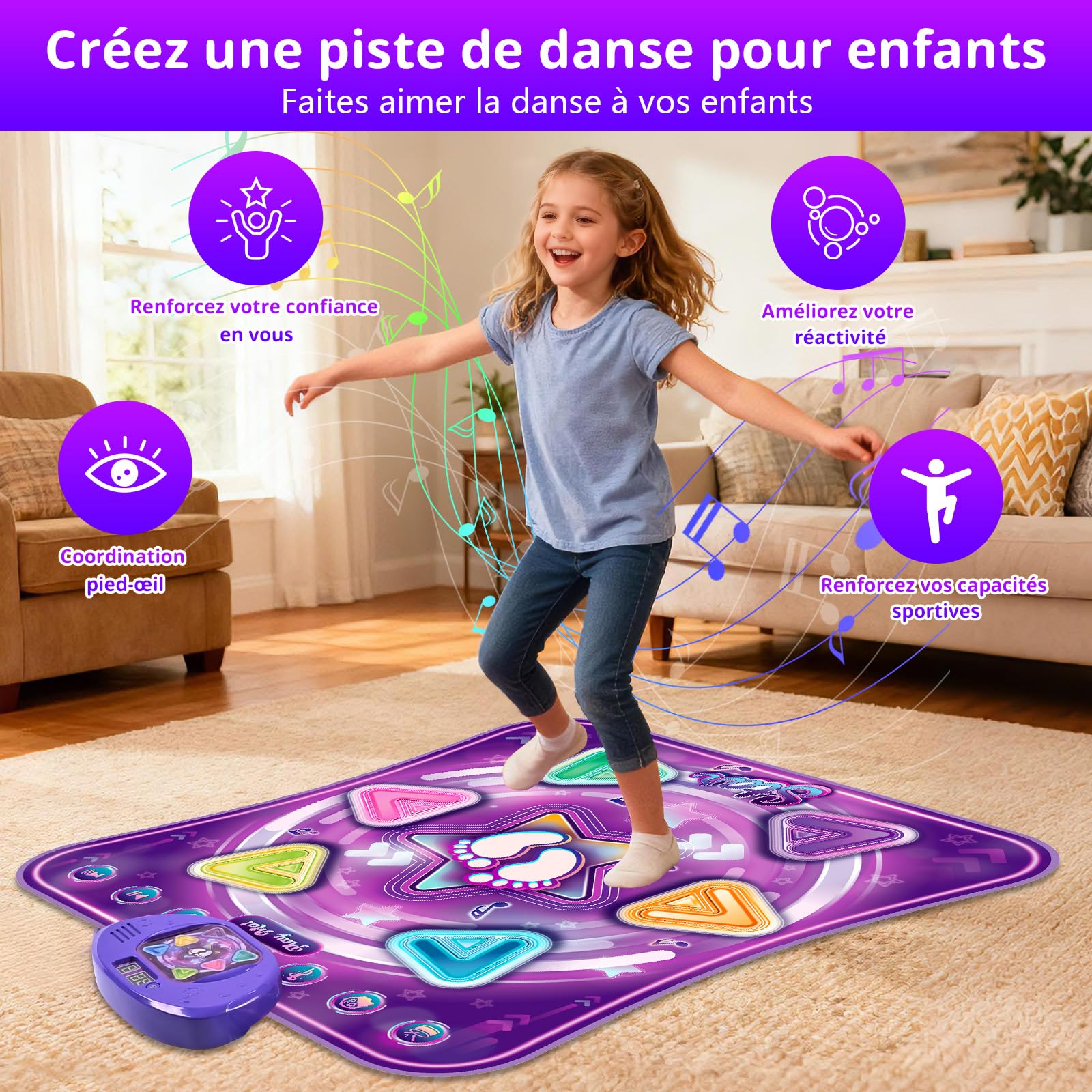 ZWOOS Tapis de Danse Fille Bluetooth avec Lumières et 5 Modes de Jeu, Tapis Danse Enfant 3 4 5 6 7 8 9 10 11 12 Ans, Antidérapant, Cadeau Anniversaire Noël